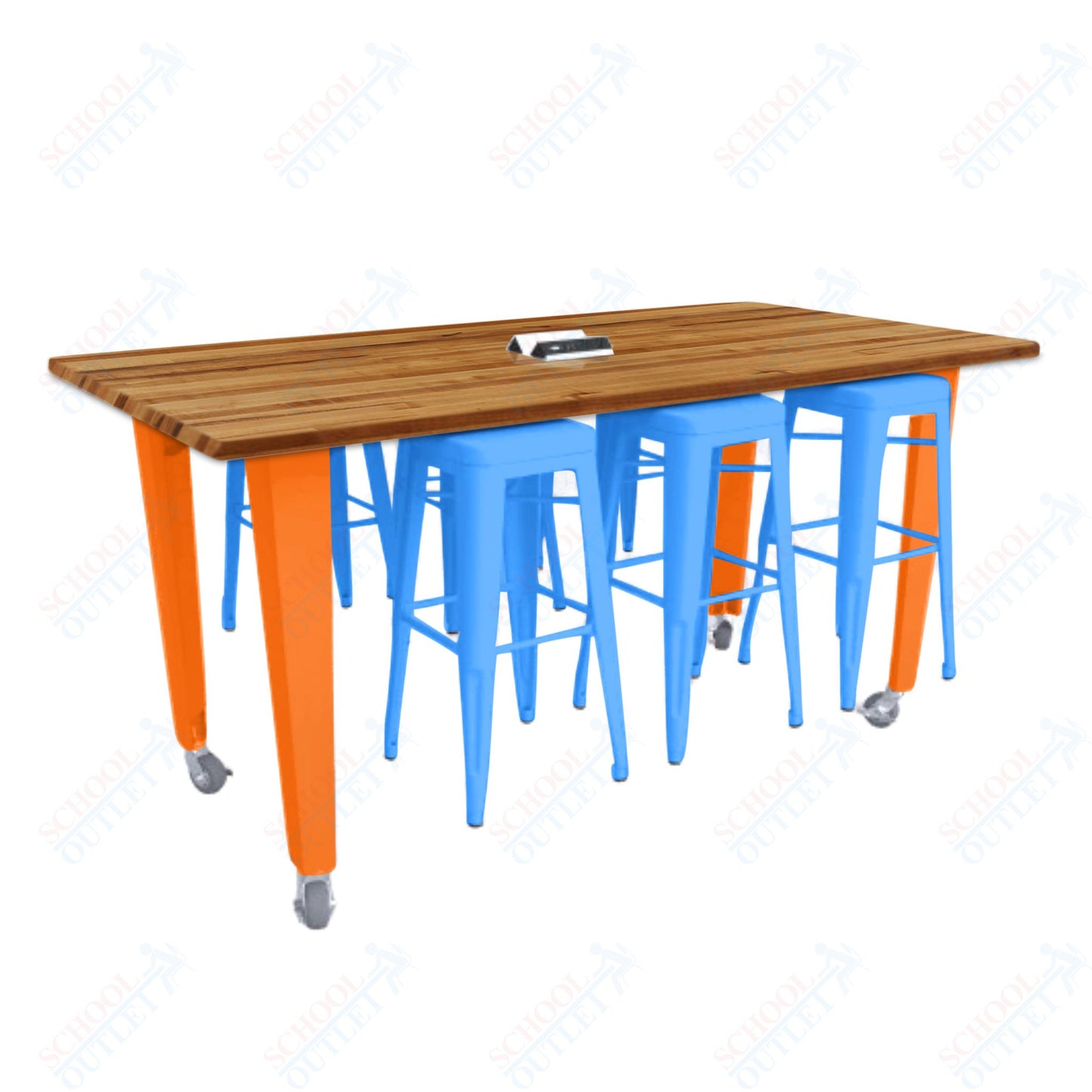 CEF IDEA Island Table 42" Height w/ 6-Seat - Butcher Block Top 84"W x 48"D with Steel Frame, 6 Stools and a Pop-up Dual Dock Electrical Station