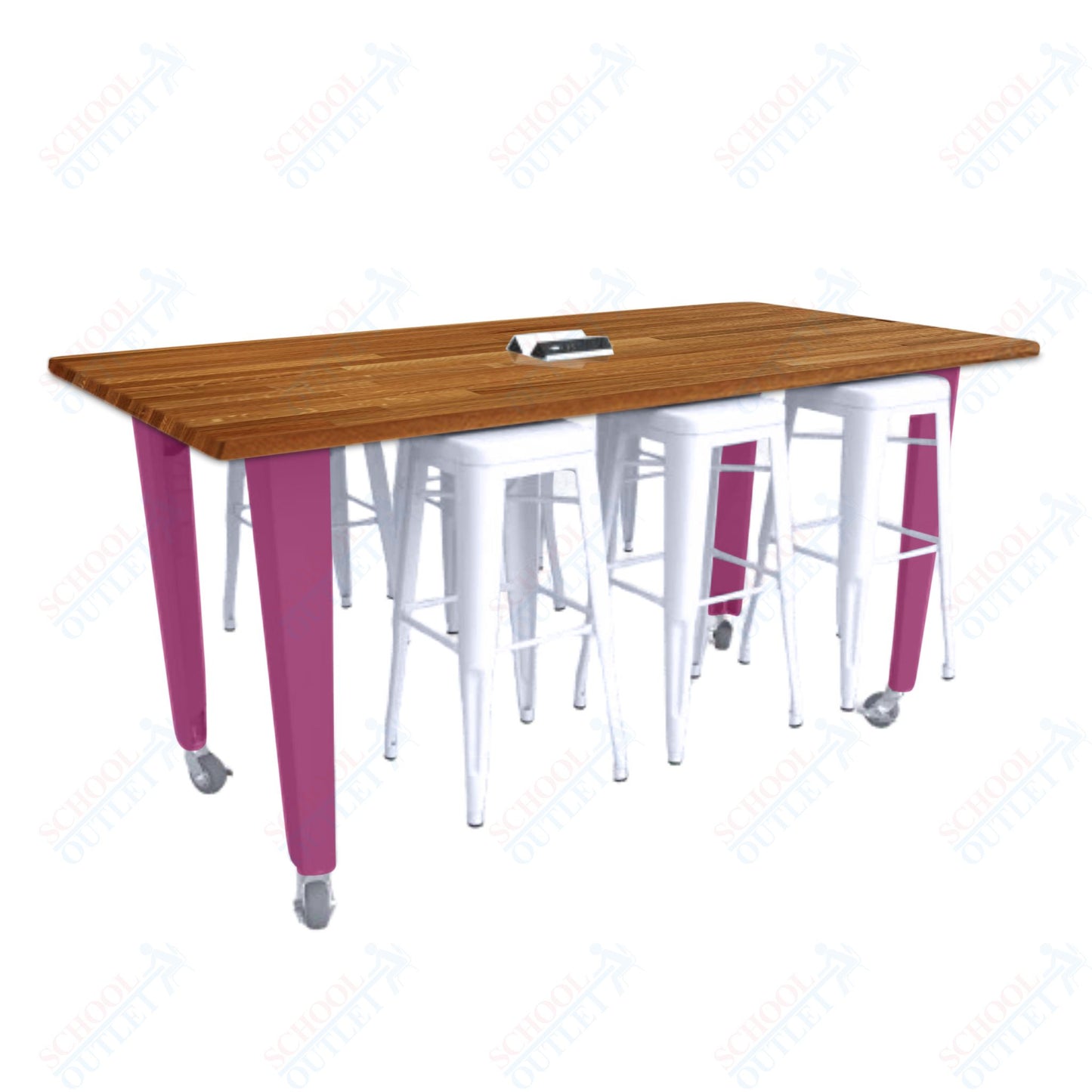 CEF IDEA Island Table 42" Height w/ 6-Seat - Butcher Block Top 84"W x 48"D with Steel Frame, 6 Stools and a Pop-up Dual Dock Electrical Station