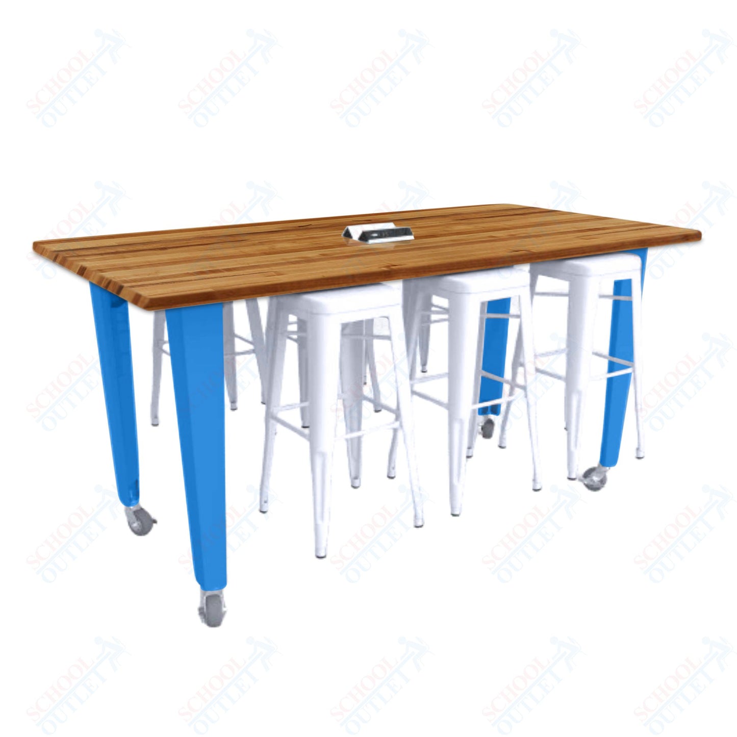 CEF IDEA Island Table 42" Height w/ 6-Seat - Butcher Block Top 84"W x 48"D with Steel Frame, 6 Stools and a Pop-up Dual Dock Electrical Station