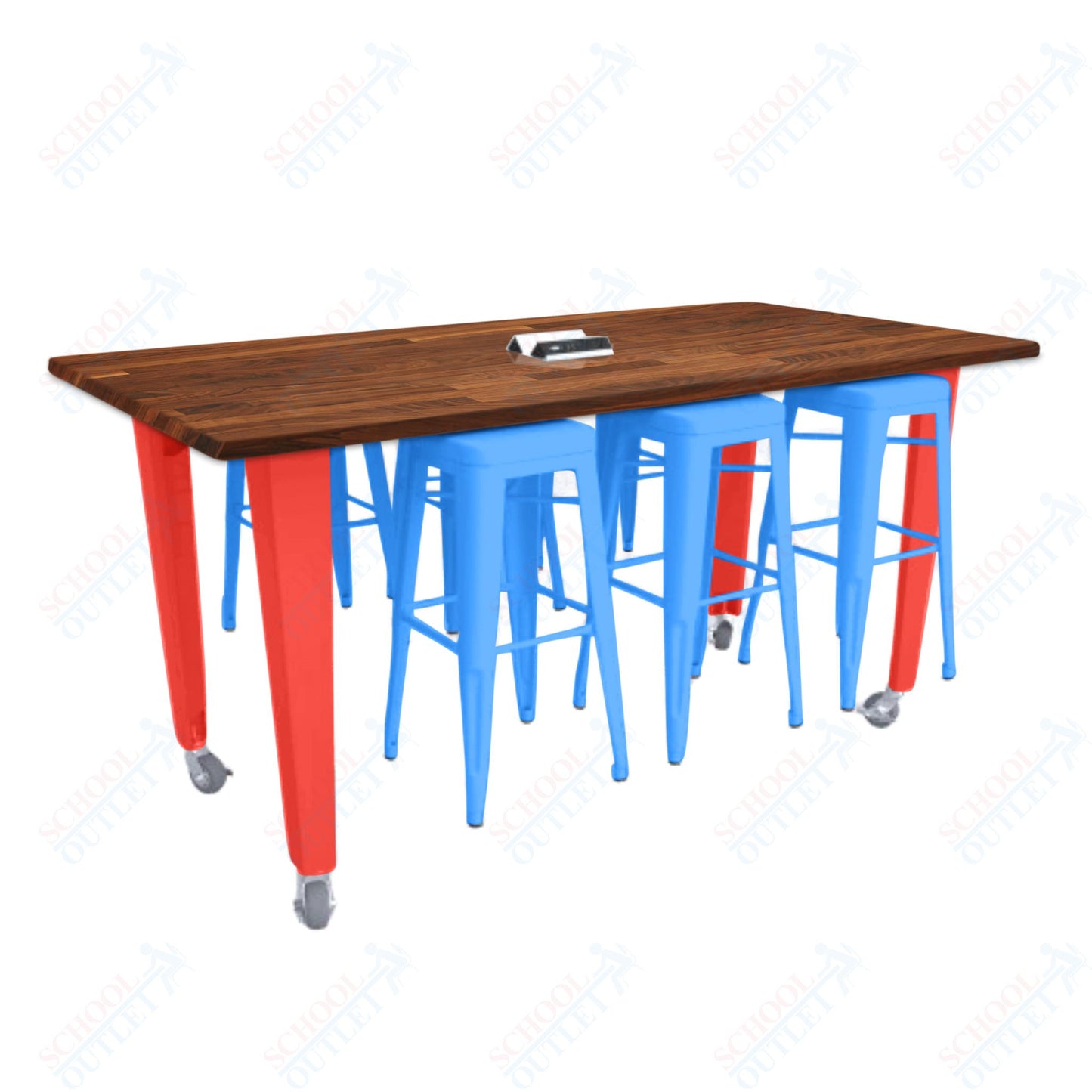CEF IDEA Island Table 42" Height w/ 6-Seat - Butcher Block Top 84"W x 48"D with Steel Frame, 6 Stools and a Pop-up Dual Dock Electrical Station
