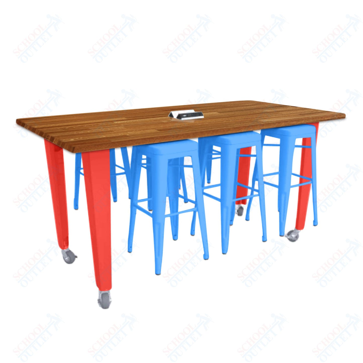 CEF IDEA Island Table 42" Height w/ 6-Seat - Butcher Block Top 84"W x 48"D with Steel Frame, 6 Stools and a Pop-up Dual Dock Electrical Station