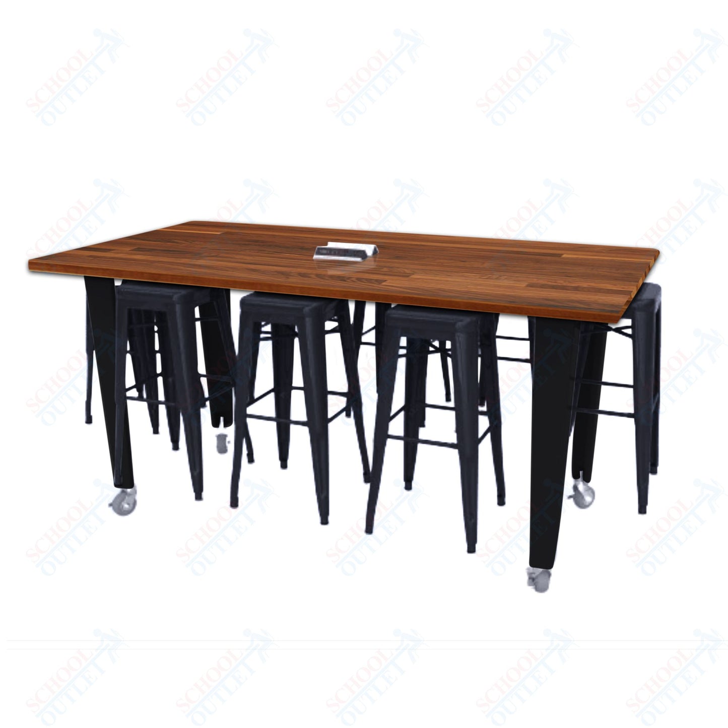 CEF IDEA Island Table 42" Height w/ 8-Seat - Butcher Block Top 84"W x 48"D with Steel Frame, 8 Stools and a Pop-up Dual Dock Electrical Station