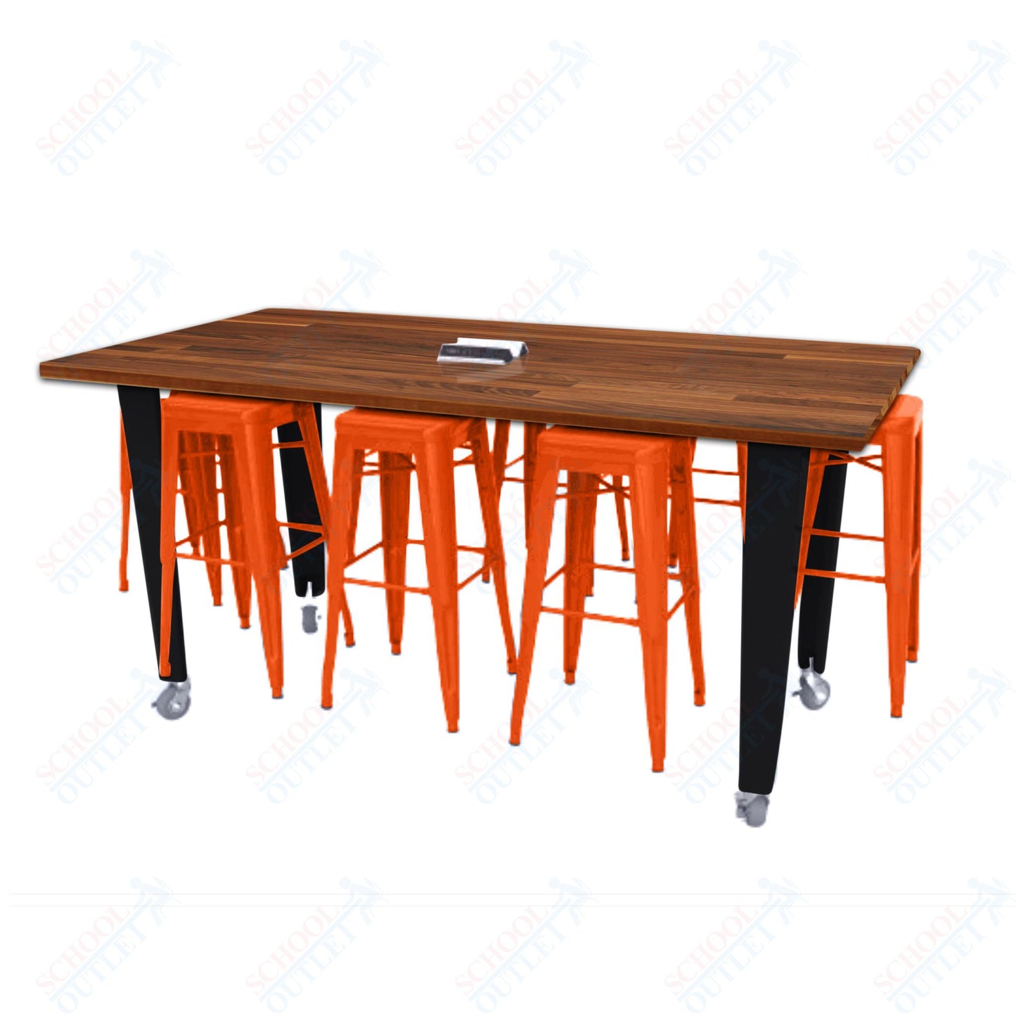 CEF IDEA Island Table 42" Height w/ 8-Seat - Butcher Block Top 84"W x 48"D with Steel Frame, 8 Stools and a Pop-up Dual Dock Electrical Station