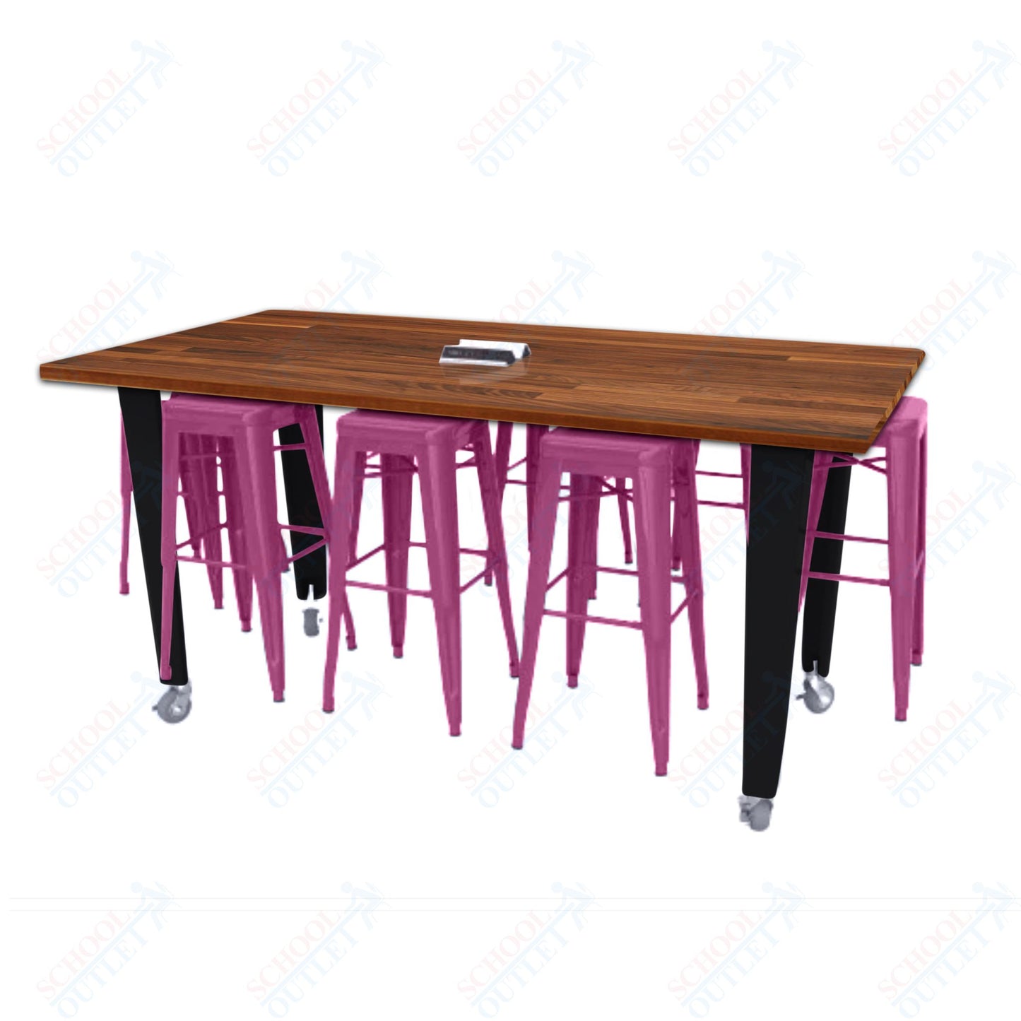 CEF IDEA Island Table 42" Height w/ 8-Seat - Butcher Block Top 84"W x 48"D with Steel Frame, 8 Stools and a Pop-up Dual Dock Electrical Station