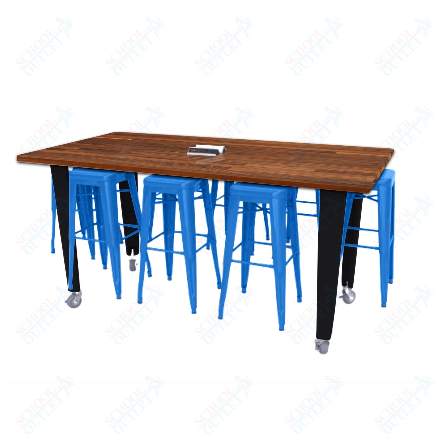 CEF IDEA Island Table 42" Height w/ 8-Seat - Butcher Block Top 84"W x 48"D with Steel Frame, 8 Stools and a Pop-up Dual Dock Electrical Station