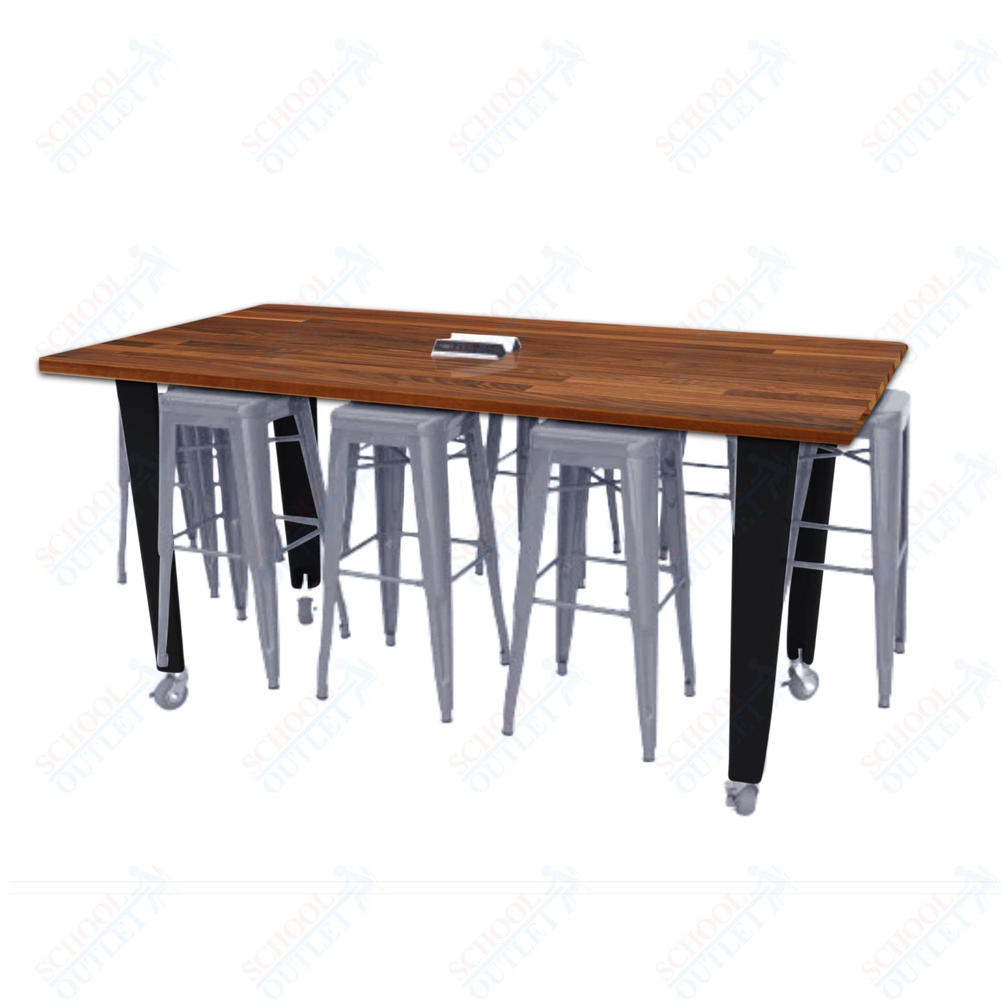 CEF IDEA Island Table 42" Height w/ 8-Seat - Butcher Block Top 84"W x 48"D with Steel Frame, 8 Stools and a Pop-up Dual Dock Electrical Station