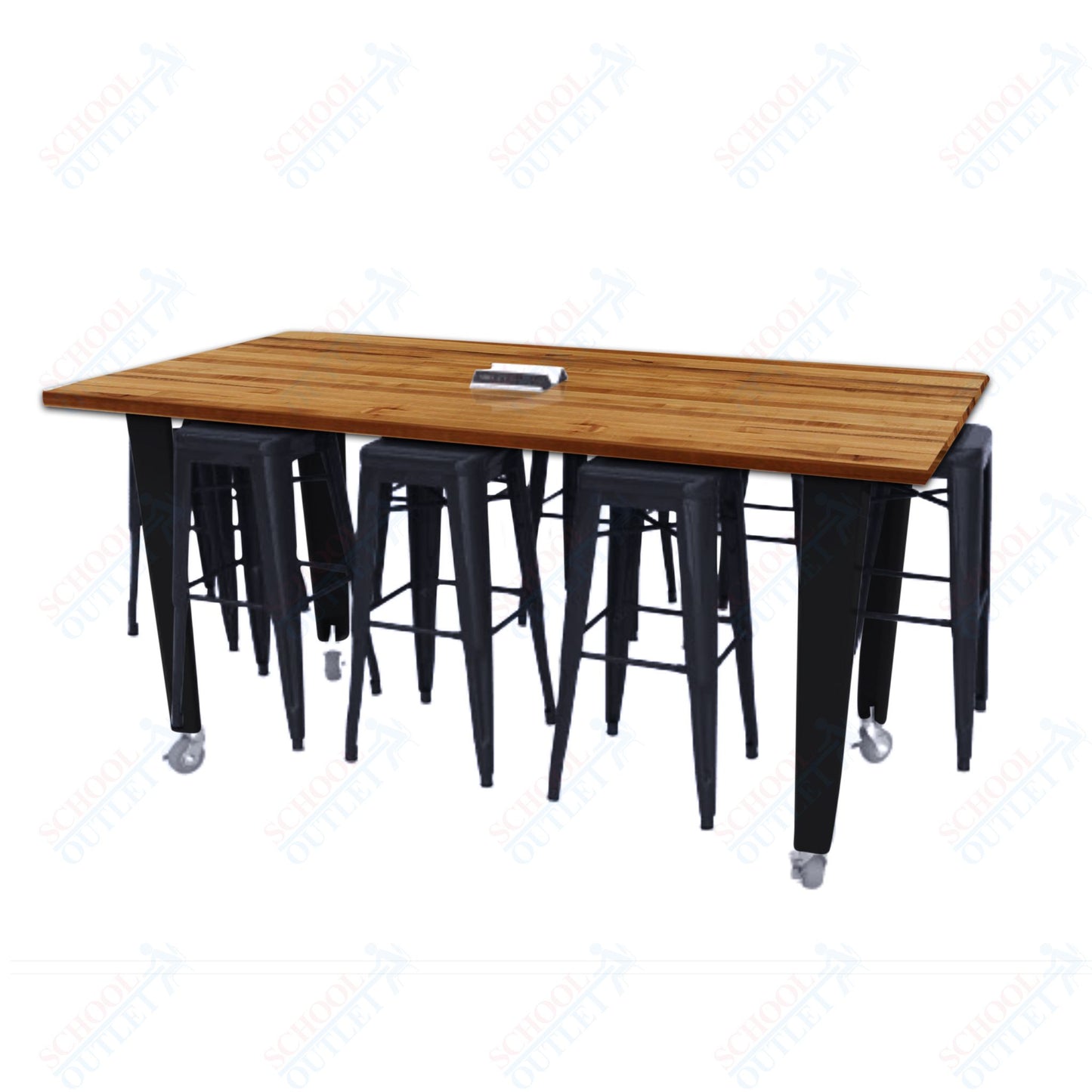 CEF IDEA Island Table 42" Height w/ 8-Seat - Butcher Block Top 84"W x 48"D with Steel Frame, 8 Stools and a Pop-up Dual Dock Electrical Station