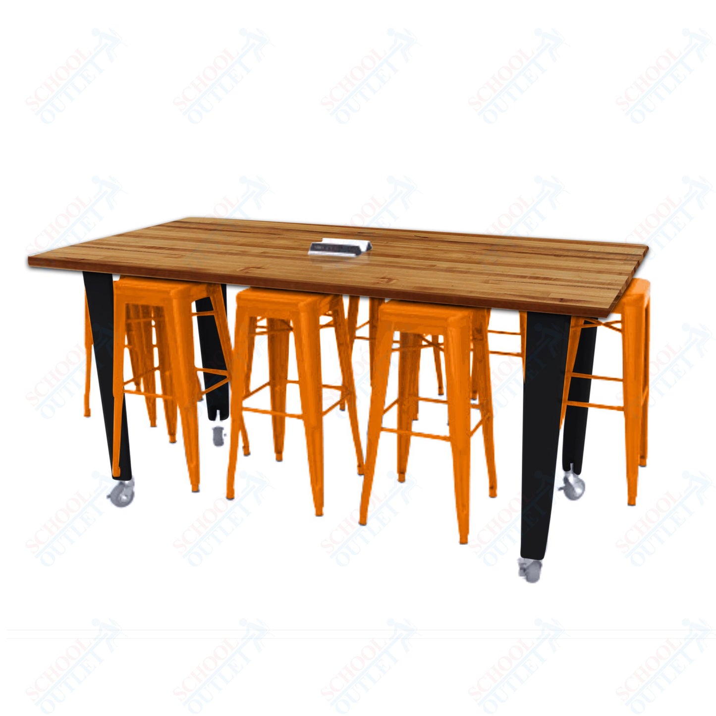 CEF IDEA Island Table 42" Height w/ 8-Seat - Butcher Block Top 84"W x 48"D with Steel Frame, 8 Stools and a Pop-up Dual Dock Electrical Station