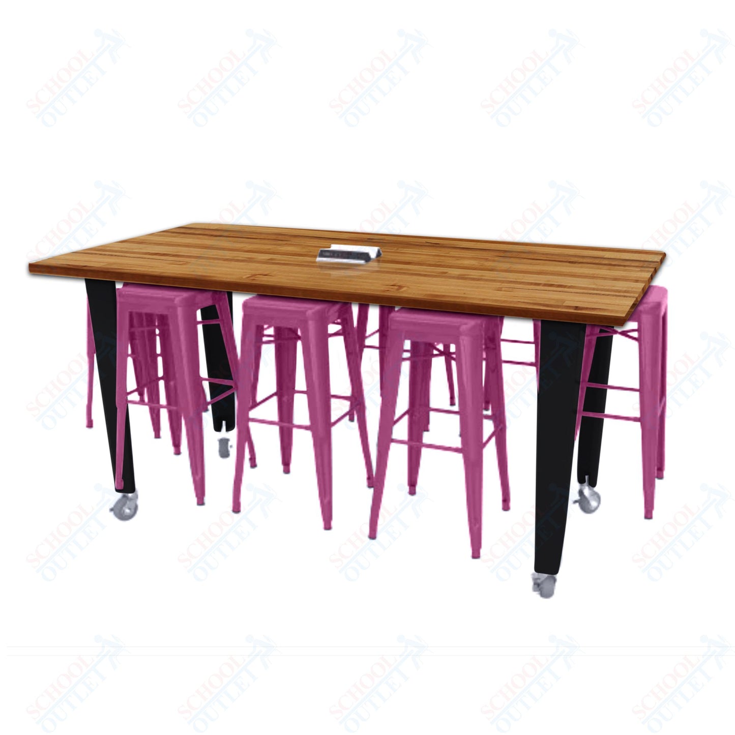 CEF IDEA Island Table 42" Height w/ 8-Seat - Butcher Block Top 84"W x 48"D with Steel Frame, 8 Stools and a Pop-up Dual Dock Electrical Station