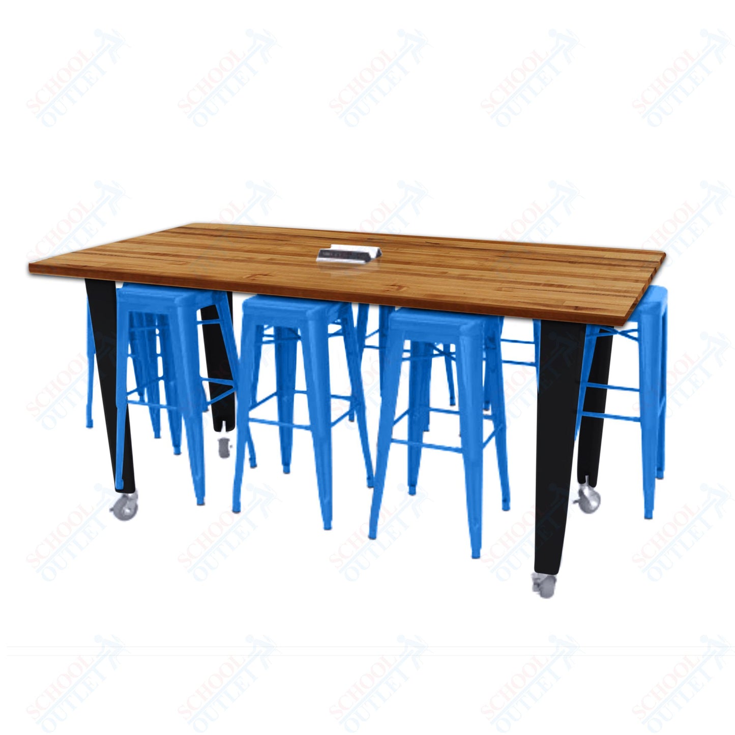 CEF IDEA Island Table 42" Height w/ 8-Seat - Butcher Block Top 84"W x 48"D with Steel Frame, 8 Stools and a Pop-up Dual Dock Electrical Station