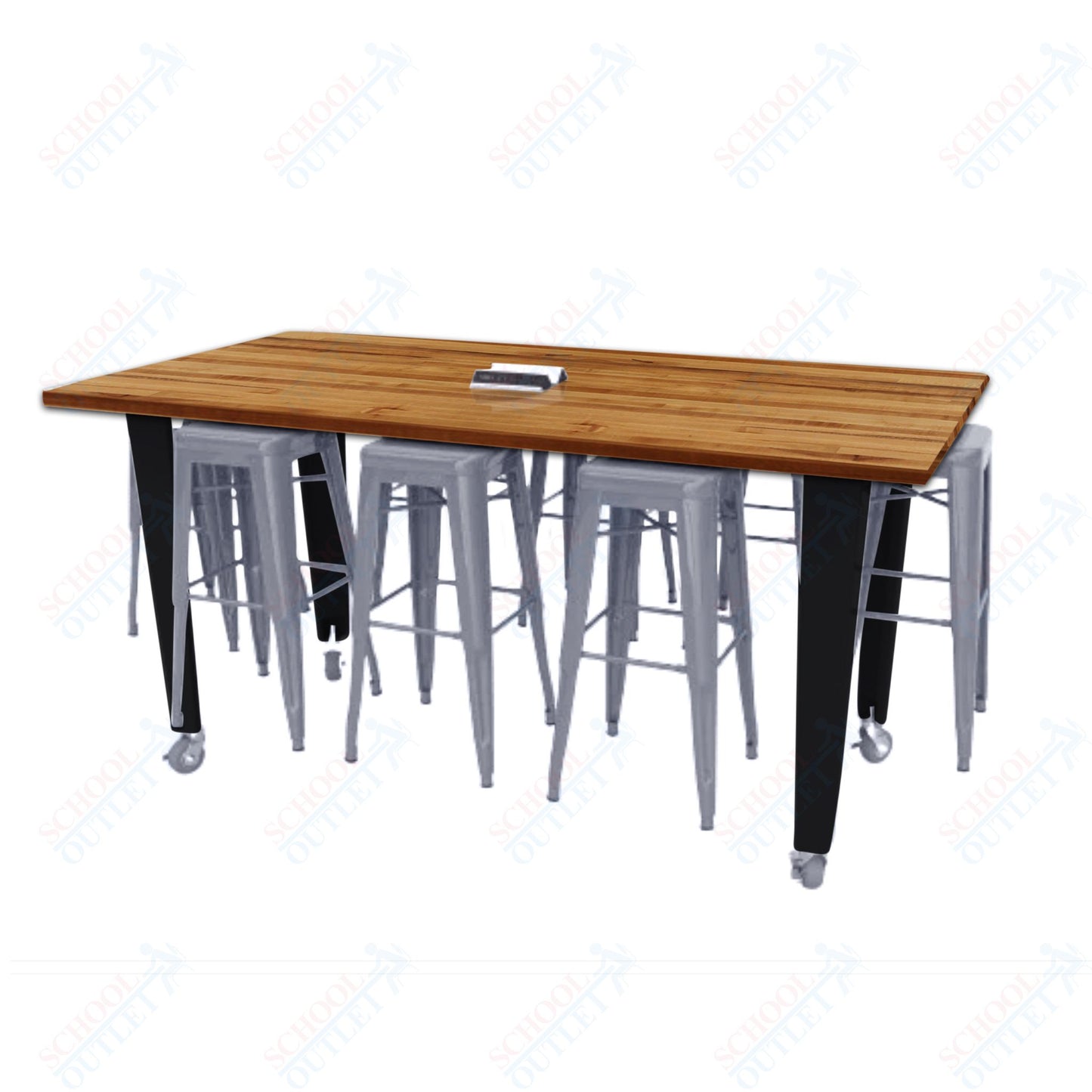 CEF IDEA Island Table 42" Height w/ 8-Seat - Butcher Block Top 84"W x 48"D with Steel Frame, 8 Stools and a Pop-up Dual Dock Electrical Station