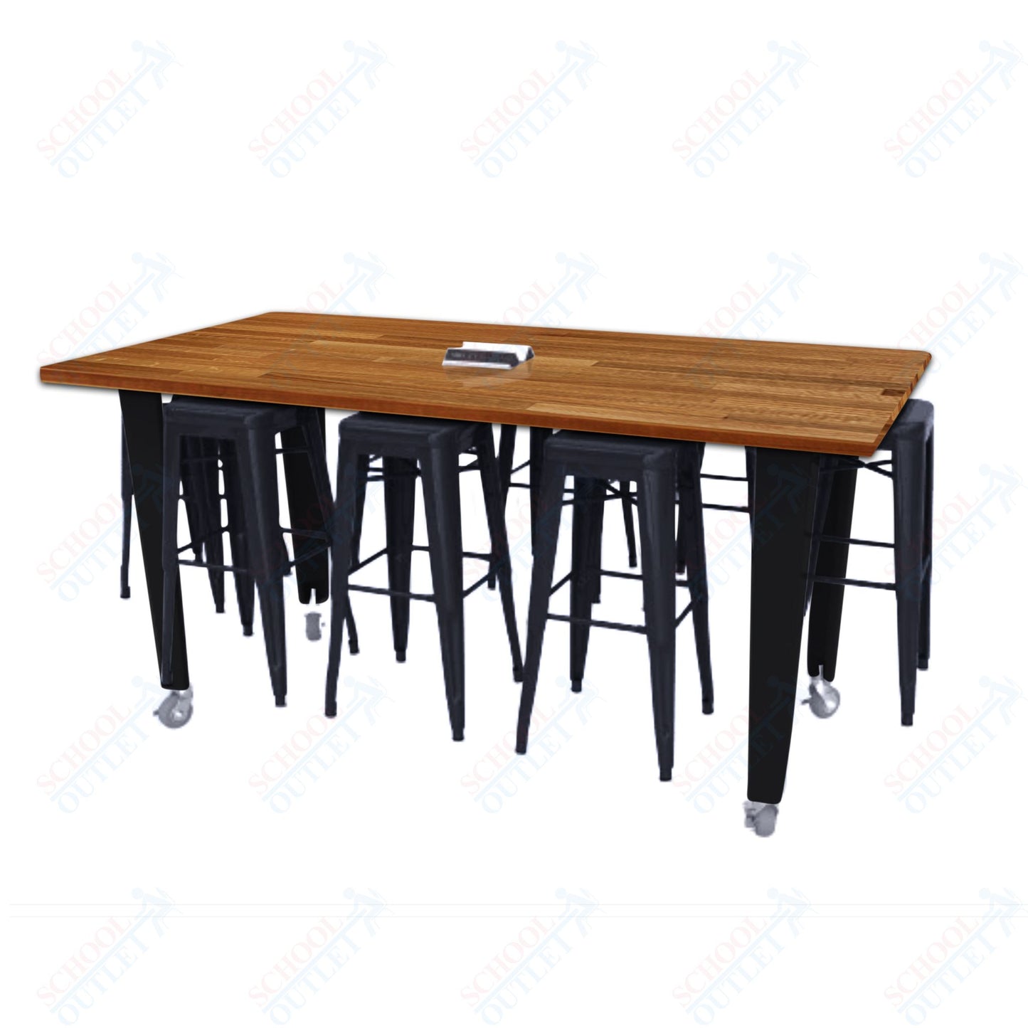 CEF IDEA Island Table 42" Height w/ 8-Seat - Butcher Block Top 84"W x 48"D with Steel Frame, 8 Stools and a Pop-up Dual Dock Electrical Station