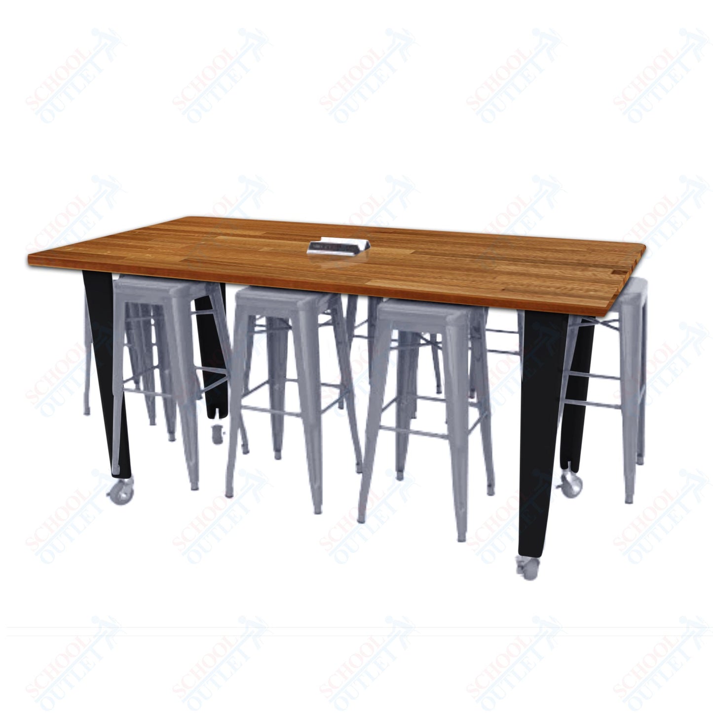 CEF IDEA Island Table 42" Height w/ 8-Seat - Butcher Block Top 84"W x 48"D with Steel Frame, 8 Stools and a Pop-up Dual Dock Electrical Station