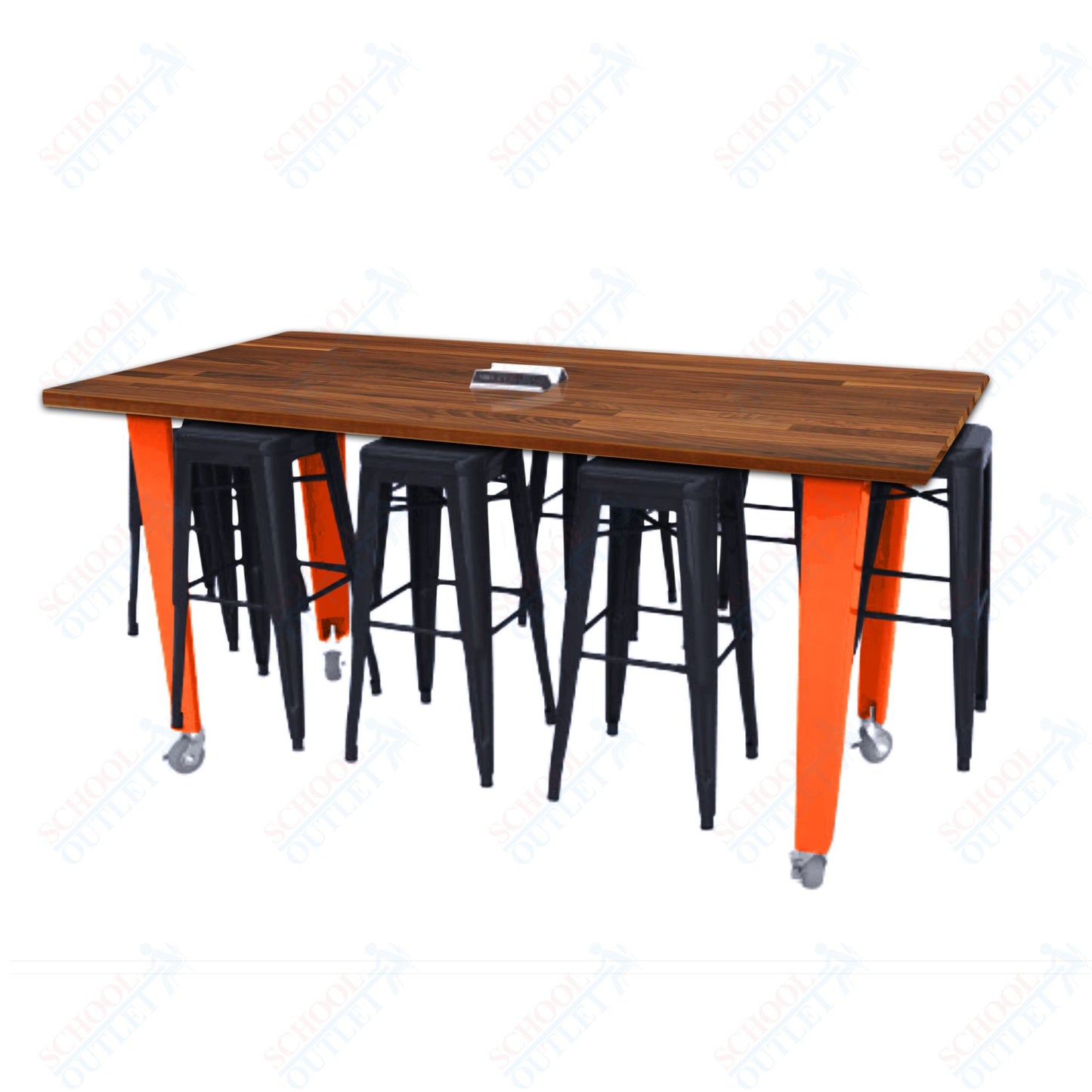 CEF IDEA Island Table 42" Height w/ 8-Seat - Butcher Block Top 84"W x 48"D with Steel Frame, 8 Stools and a Pop-up Dual Dock Electrical Station