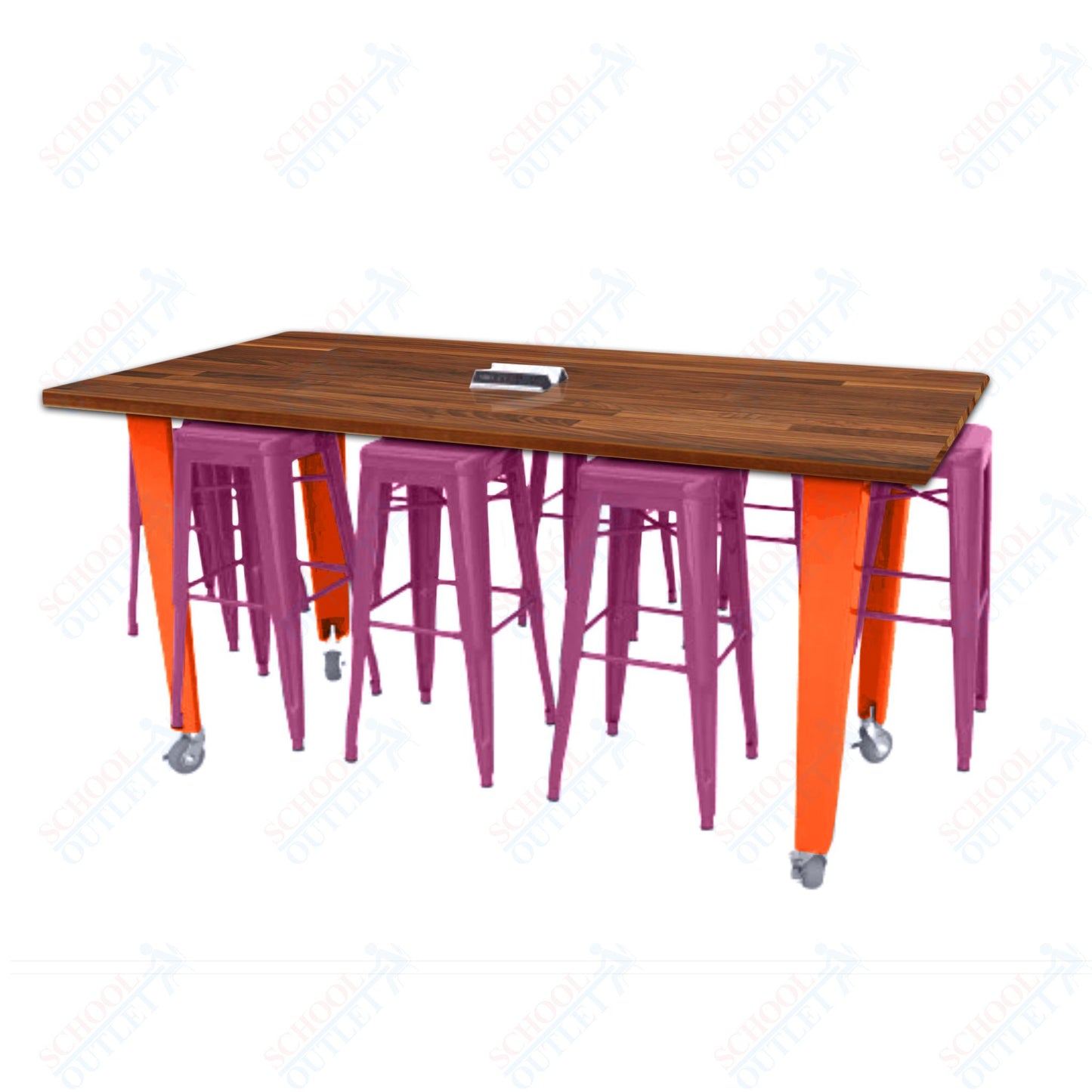 CEF IDEA Island Table 42" Height w/ 8-Seat - Butcher Block Top 84"W x 48"D with Steel Frame, 8 Stools and a Pop-up Dual Dock Electrical Station