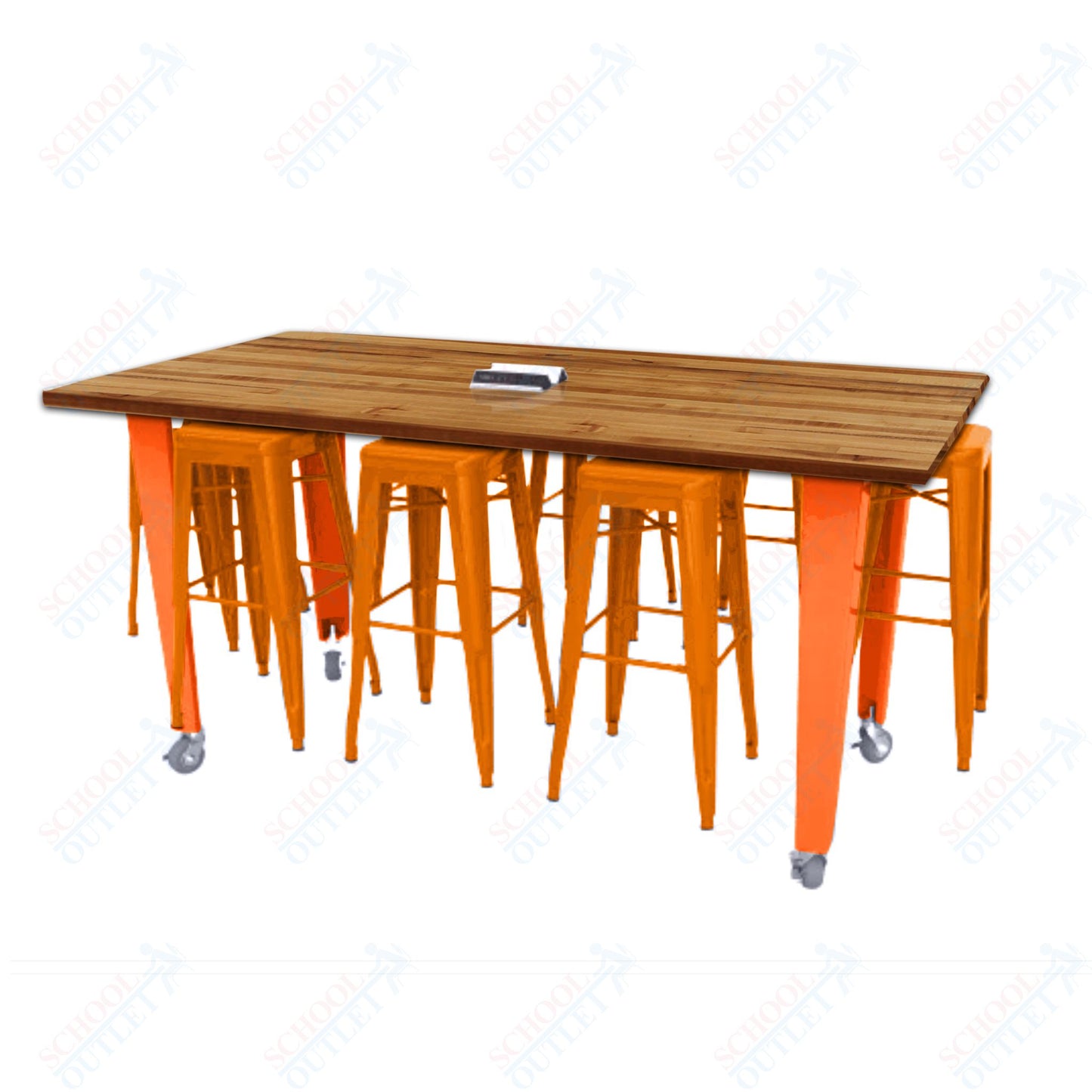 CEF IDEA Island Table 42" Height w/ 8-Seat - Butcher Block Top 84"W x 48"D with Steel Frame, 8 Stools and a Pop-up Dual Dock Electrical Station