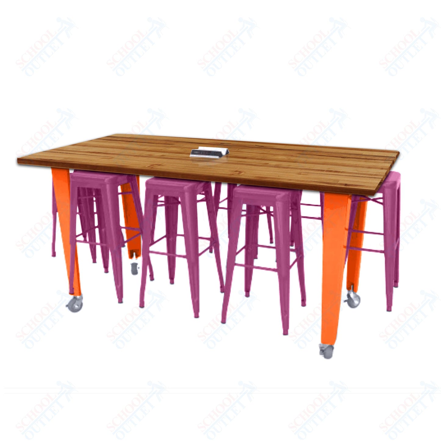 CEF IDEA Island Table 42" Height w/ 8-Seat - Butcher Block Top 84"W x 48"D with Steel Frame, 8 Stools and a Pop-up Dual Dock Electrical Station