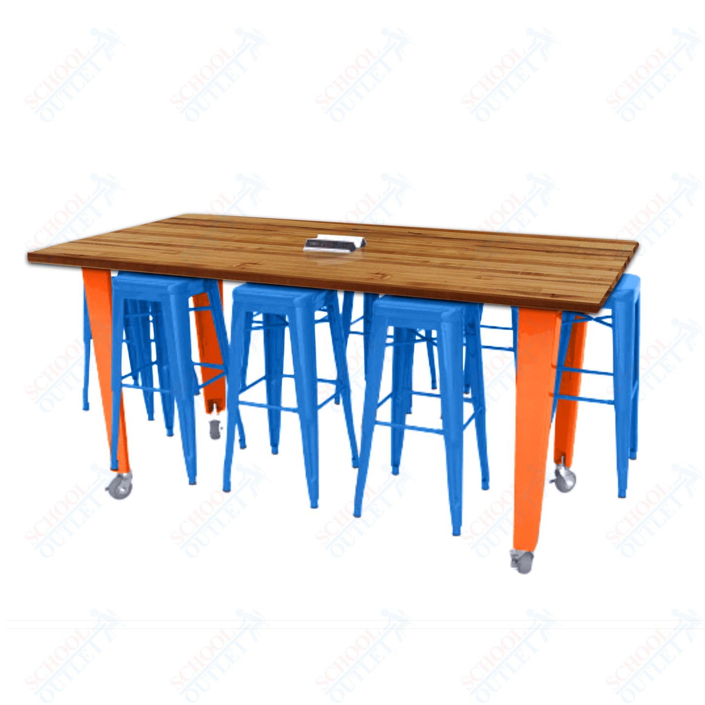 CEF IDEA Island Table 42" Height w/ 8-Seat - Butcher Block Top 84"W x 48"D with Steel Frame, 8 Stools and a Pop-up Dual Dock Electrical Station