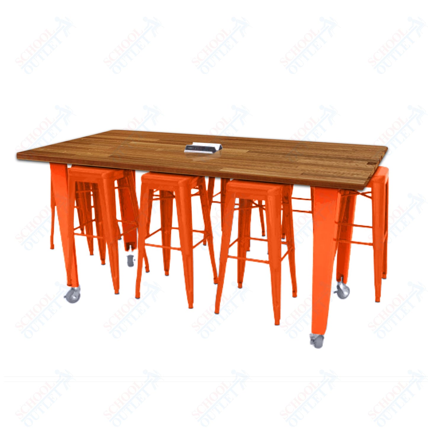 CEF IDEA Island Table 42" Height w/ 8-Seat - Butcher Block Top 84"W x 48"D with Steel Frame, 8 Stools and a Pop-up Dual Dock Electrical Station