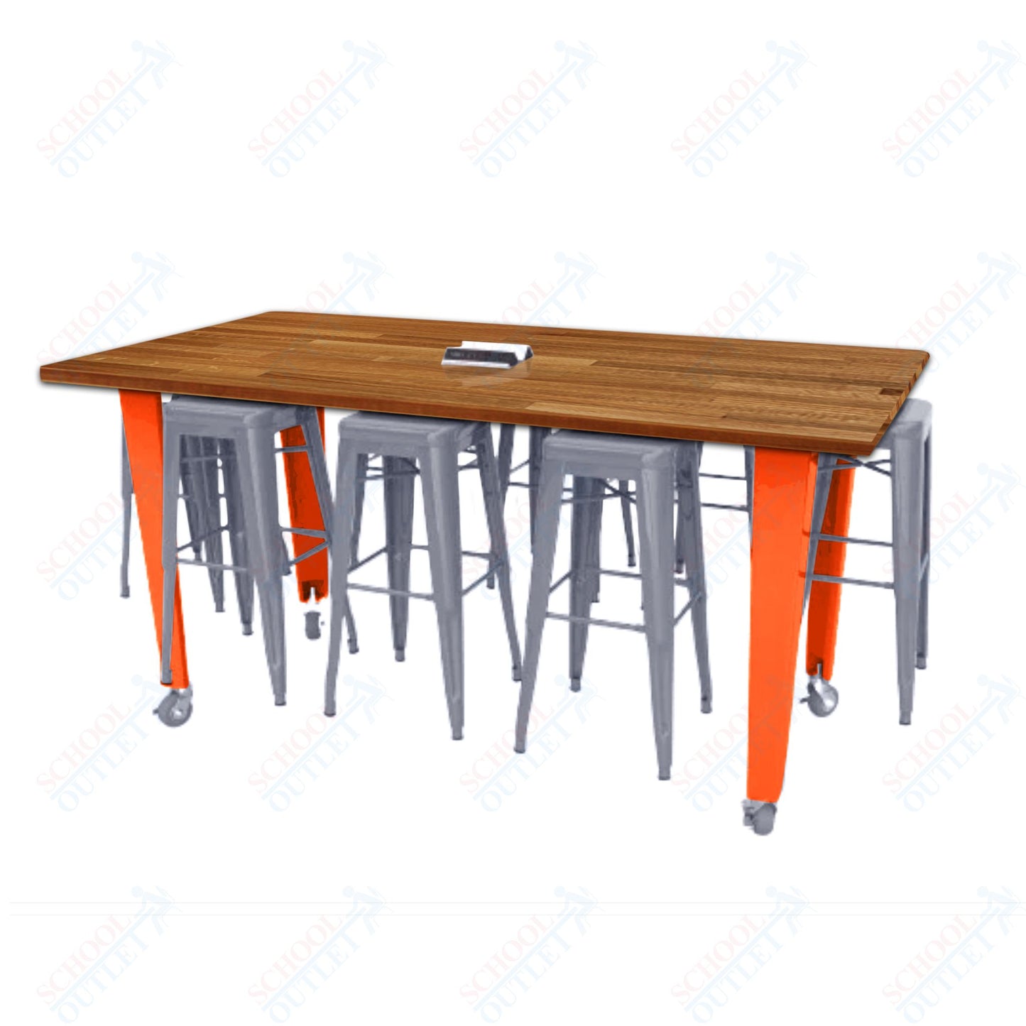 CEF IDEA Island Table 42" Height w/ 8-Seat - Butcher Block Top 84"W x 48"D with Steel Frame, 8 Stools and a Pop-up Dual Dock Electrical Station