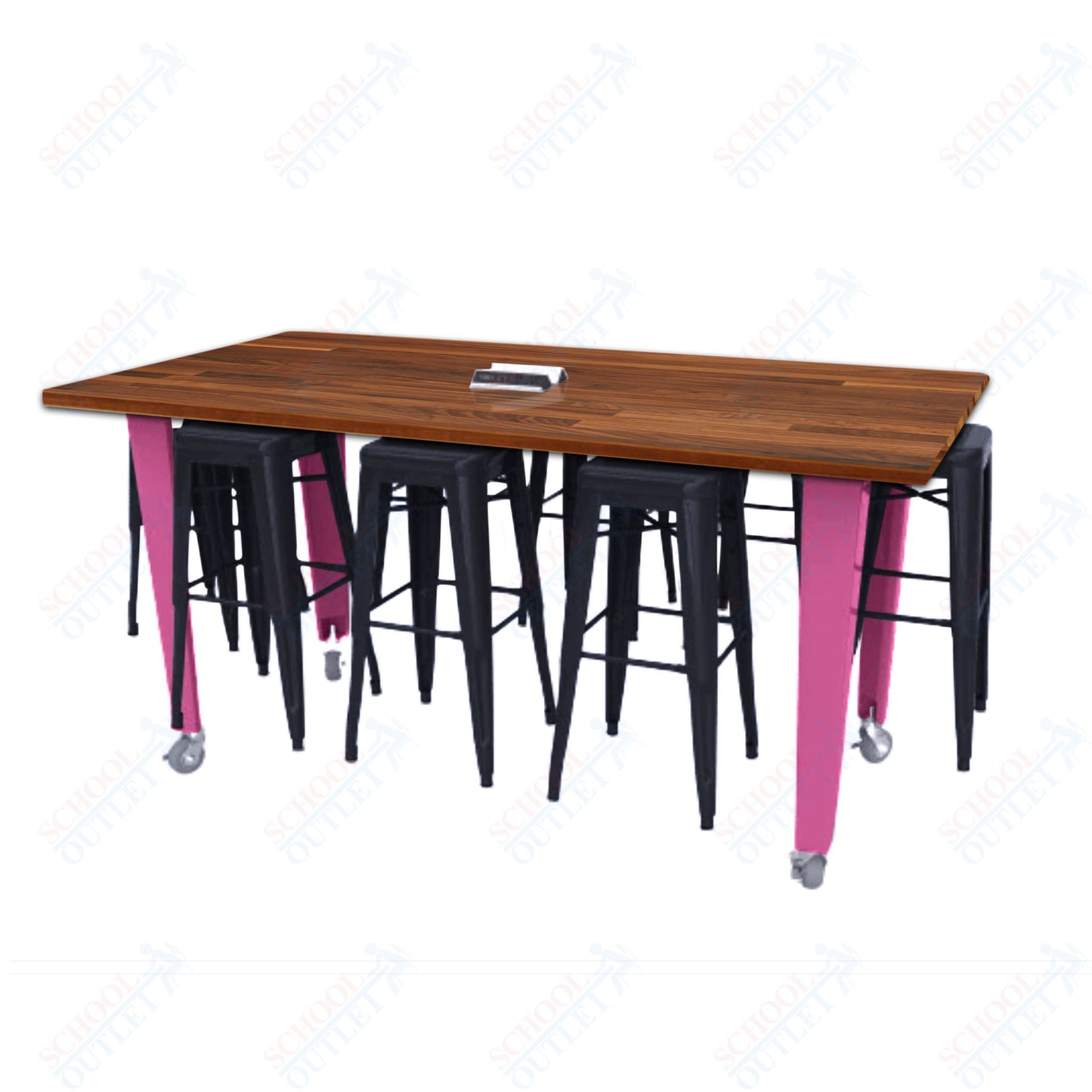 CEF IDEA Island Table 42" Height w/ 8-Seat - Butcher Block Top 84"W x 48"D with Steel Frame, 8 Stools and a Pop-up Dual Dock Electrical Station