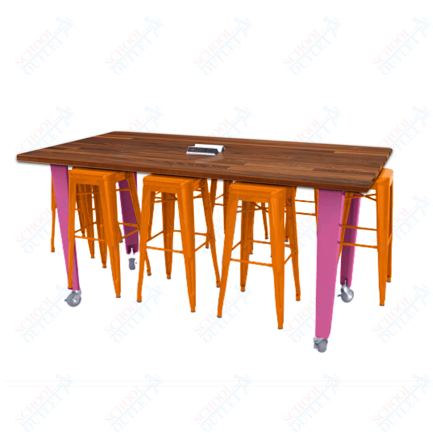 CEF IDEA Island Table 42" Height w/ 8-Seat - Butcher Block Top 84"W x 48"D with Steel Frame, 8 Stools and a Pop-up Dual Dock Electrical Station