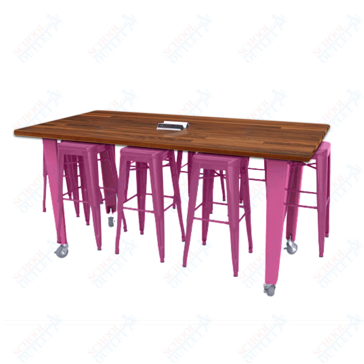 CEF IDEA Island Table 42" Height w/ 8-Seat - Butcher Block Top 84"W x 48"D with Steel Frame, 8 Stools and a Pop-up Dual Dock Electrical Station