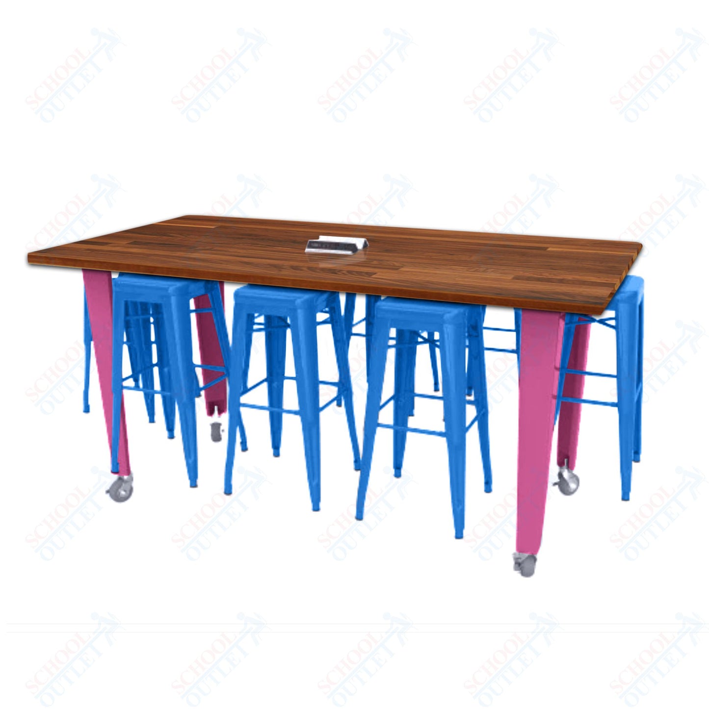 CEF IDEA Island Table 42" Height w/ 8-Seat - Butcher Block Top 84"W x 48"D with Steel Frame, 8 Stools and a Pop-up Dual Dock Electrical Station