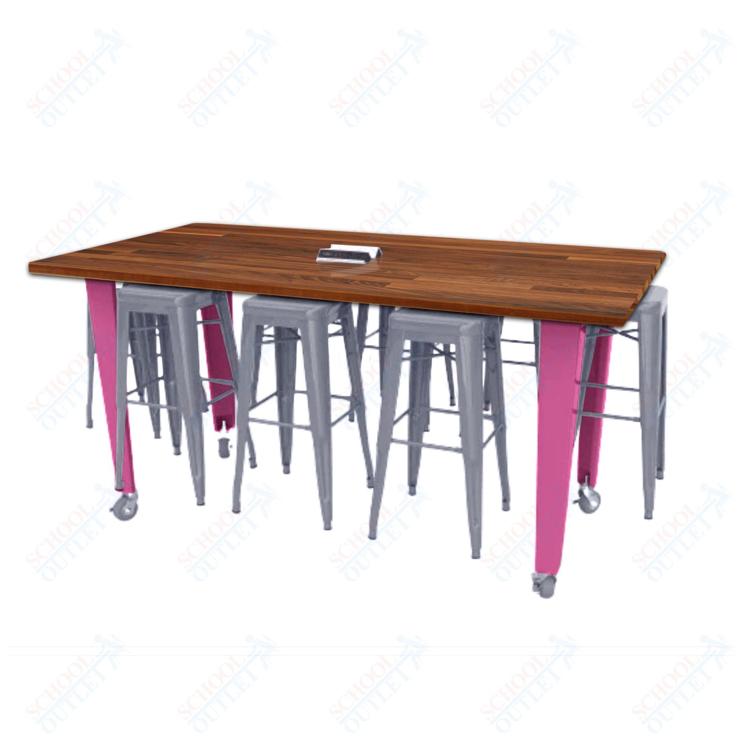 CEF IDEA Island Table 42" Height w/ 8-Seat - Butcher Block Top 84"W x 48"D with Steel Frame, 8 Stools and a Pop-up Dual Dock Electrical Station