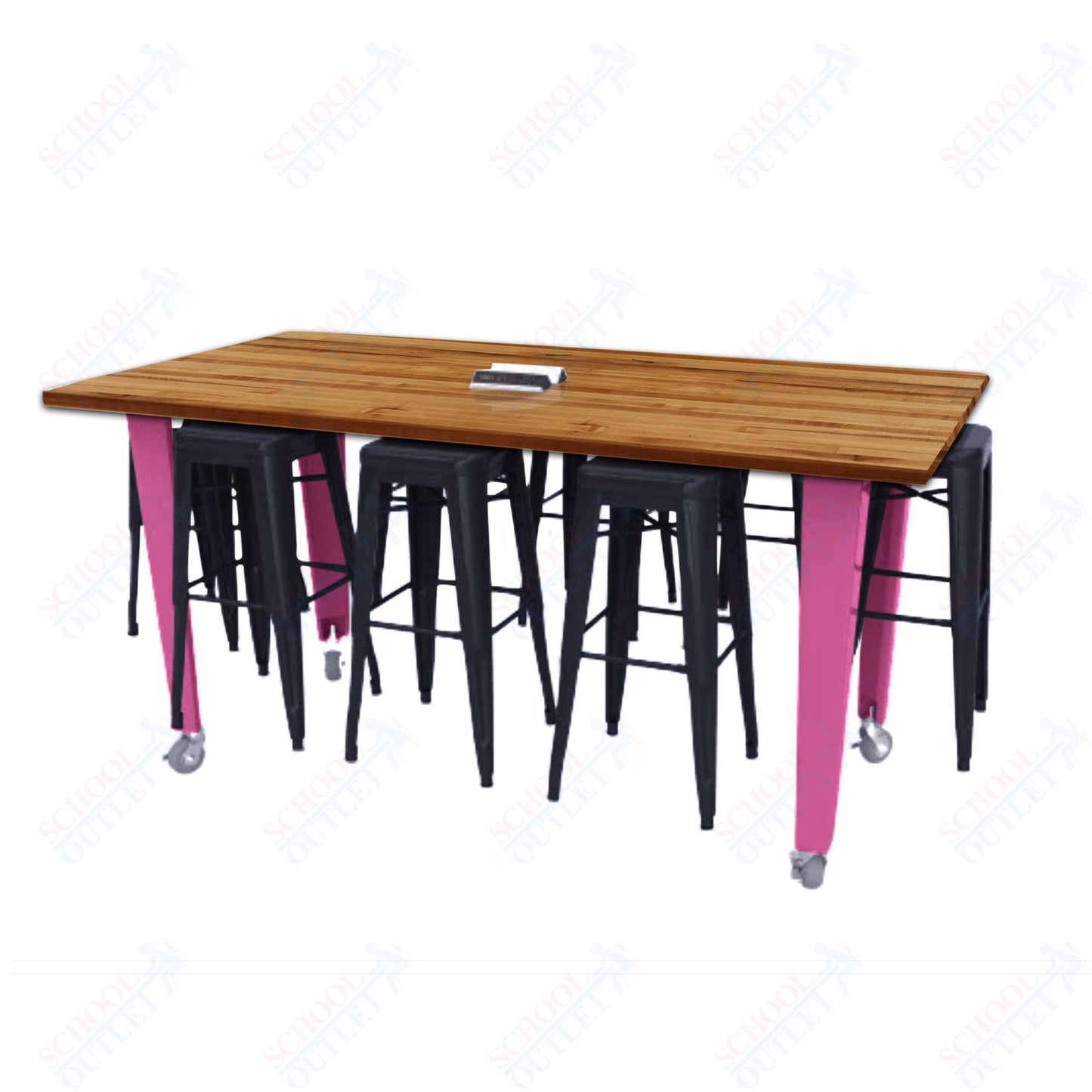 CEF IDEA Island Table 42" Height w/ 8-Seat - Butcher Block Top 84"W x 48"D with Steel Frame, 8 Stools and a Pop-up Dual Dock Electrical Station