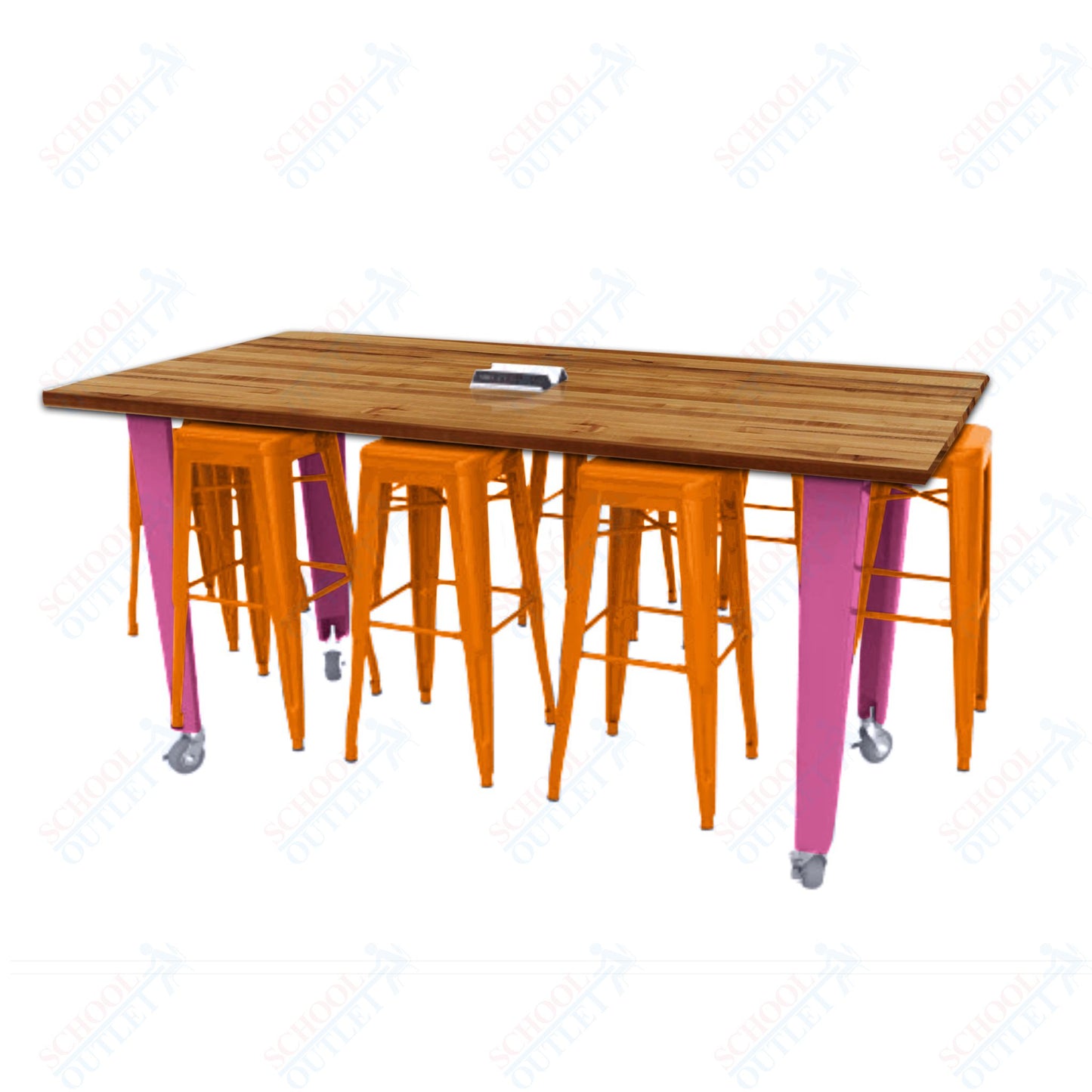 CEF IDEA Island Table 42" Height w/ 8-Seat - Butcher Block Top 84"W x 48"D with Steel Frame, 8 Stools and a Pop-up Dual Dock Electrical Station