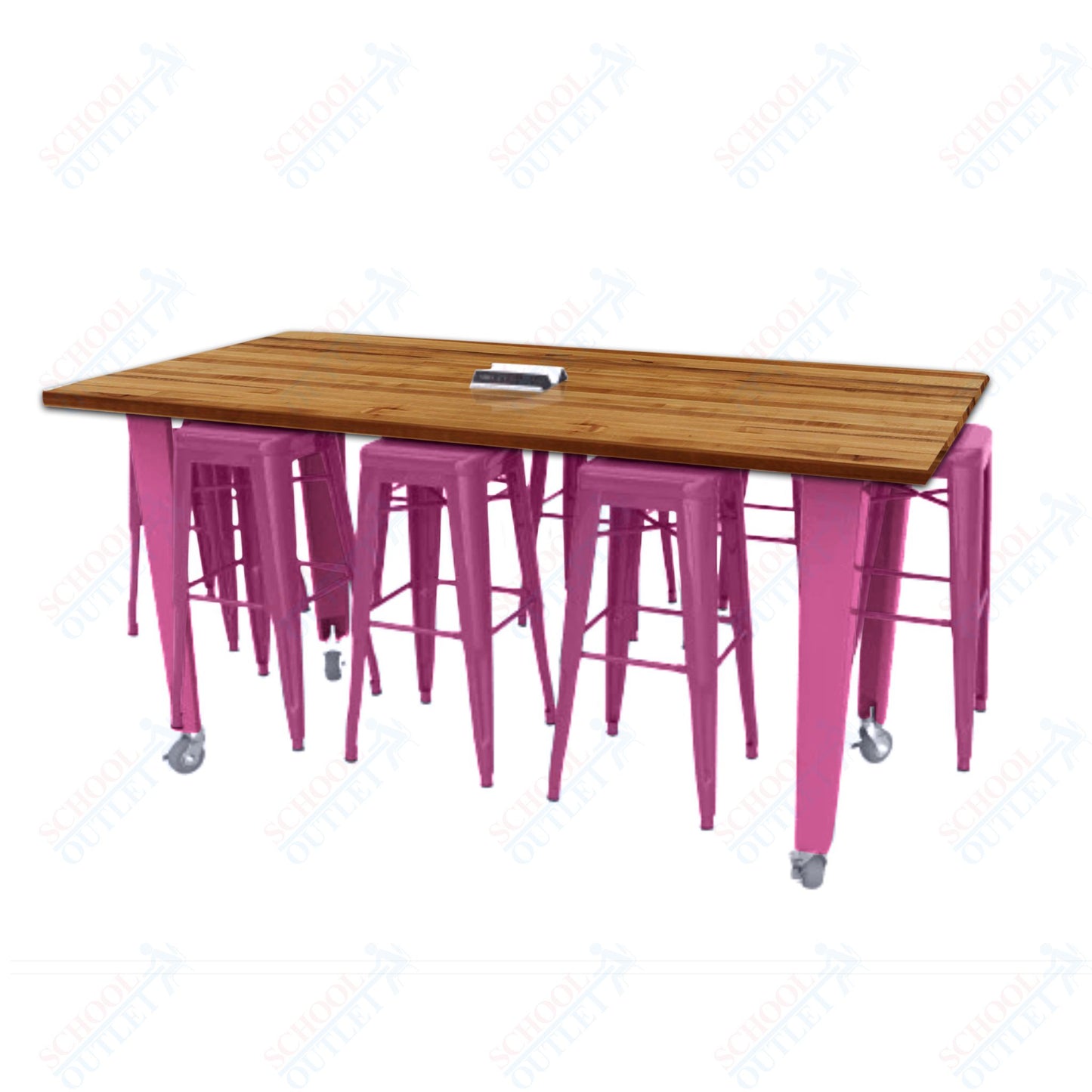 CEF IDEA Island Table 42" Height w/ 8-Seat - Butcher Block Top 84"W x 48"D with Steel Frame, 8 Stools and a Pop-up Dual Dock Electrical Station