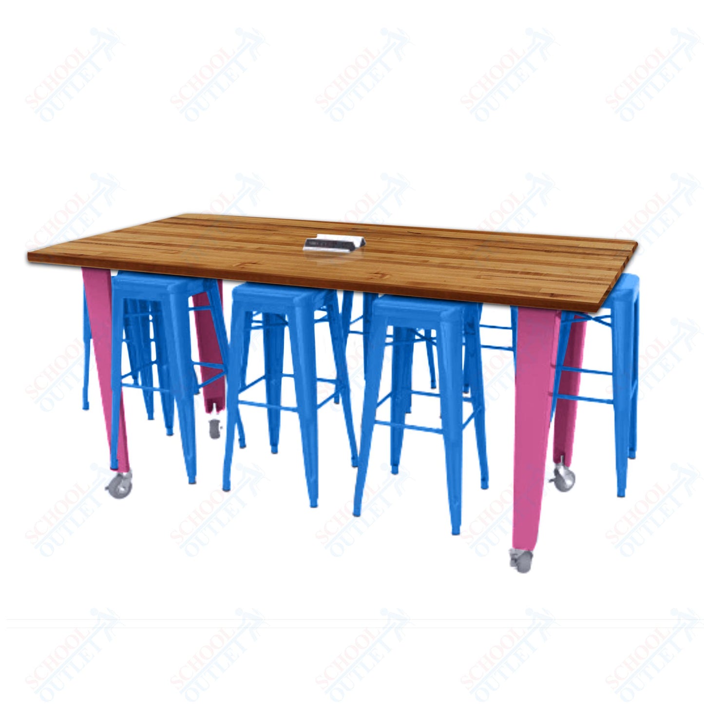 CEF IDEA Island Table 42" Height w/ 8-Seat - Butcher Block Top 84"W x 48"D with Steel Frame, 8 Stools and a Pop-up Dual Dock Electrical Station