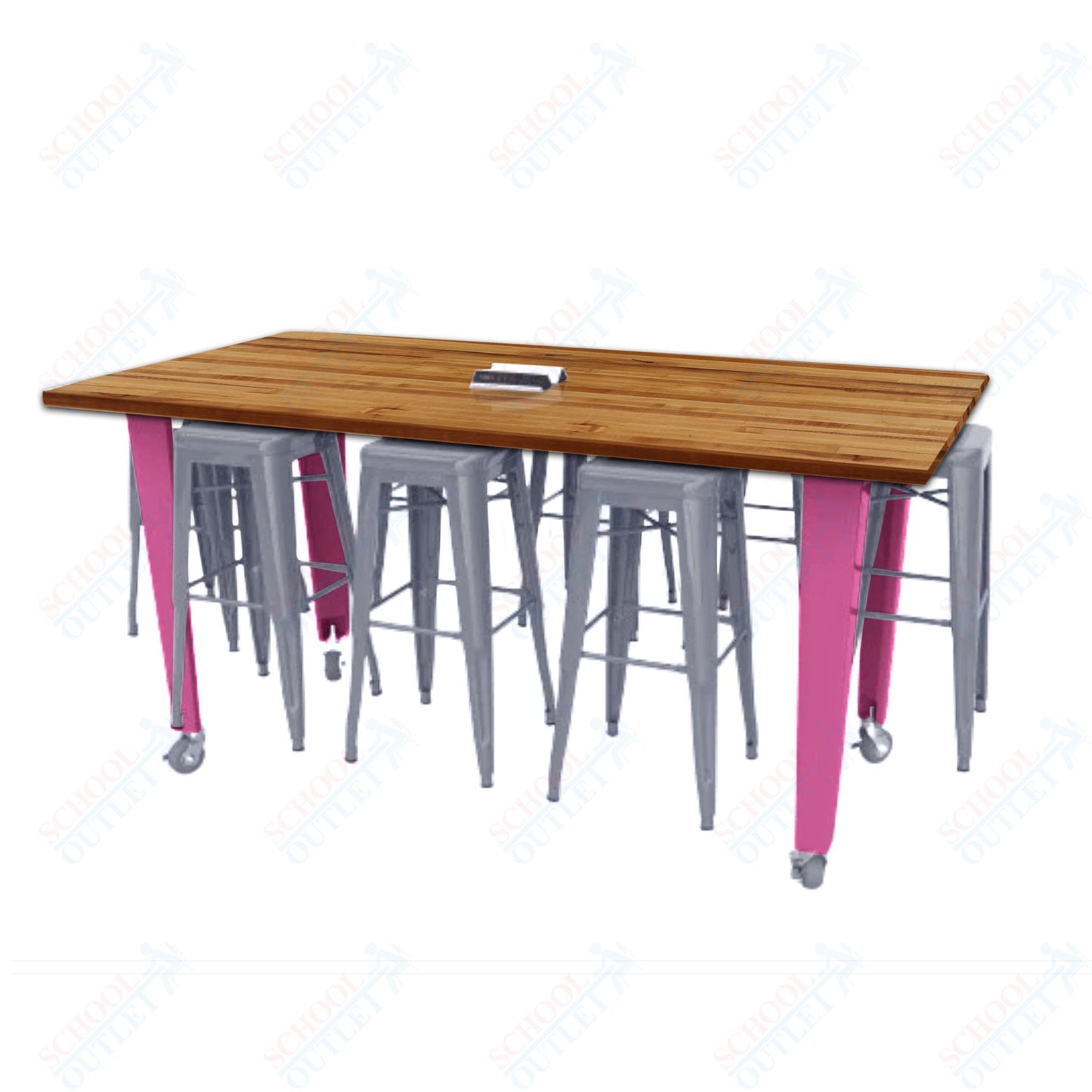 CEF IDEA Island Table 42" Height w/ 8-Seat - Butcher Block Top 84"W x 48"D with Steel Frame, 8 Stools and a Pop-up Dual Dock Electrical Station