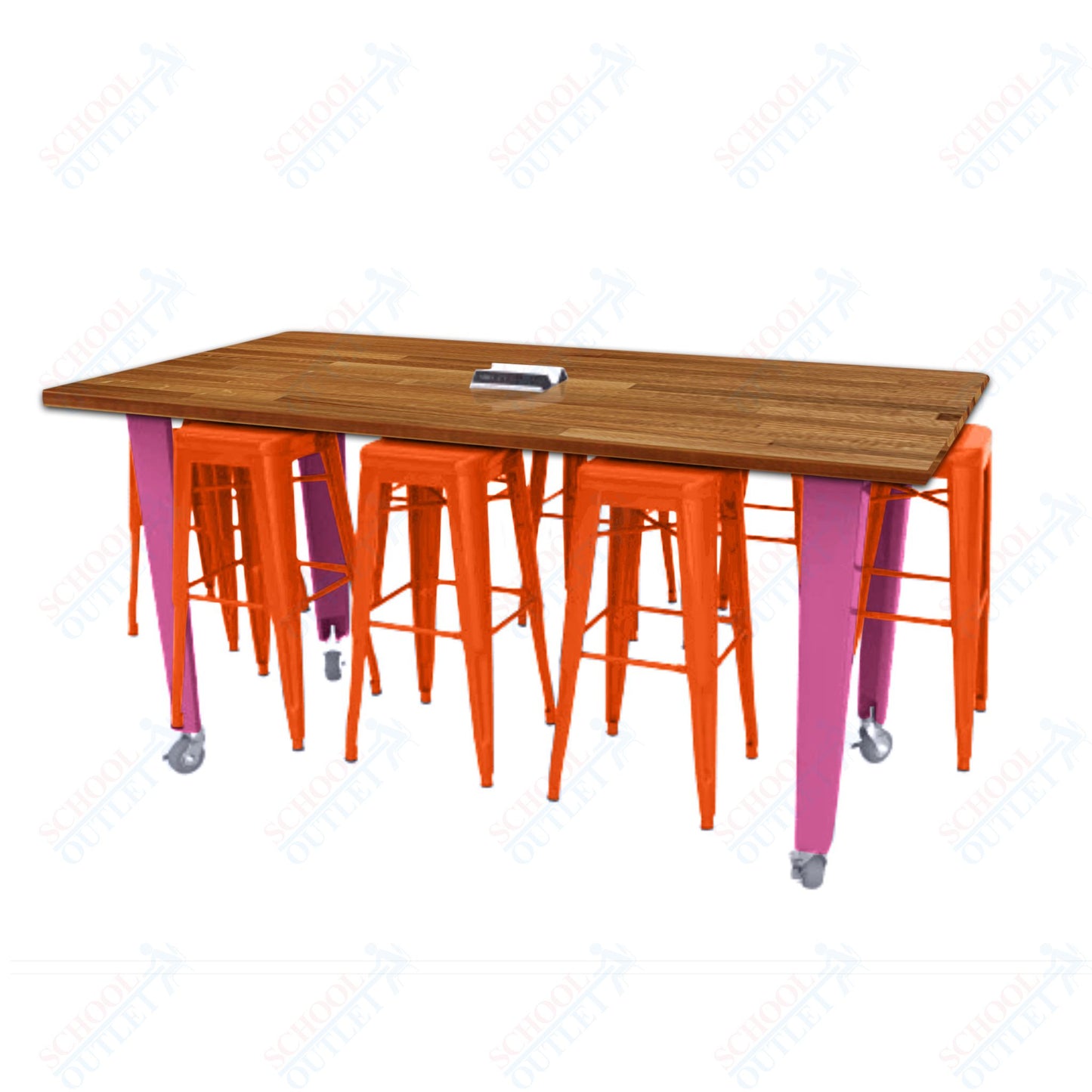 CEF IDEA Island Table 42" Height w/ 8-Seat - Butcher Block Top 84"W x 48"D with Steel Frame, 8 Stools and a Pop-up Dual Dock Electrical Station