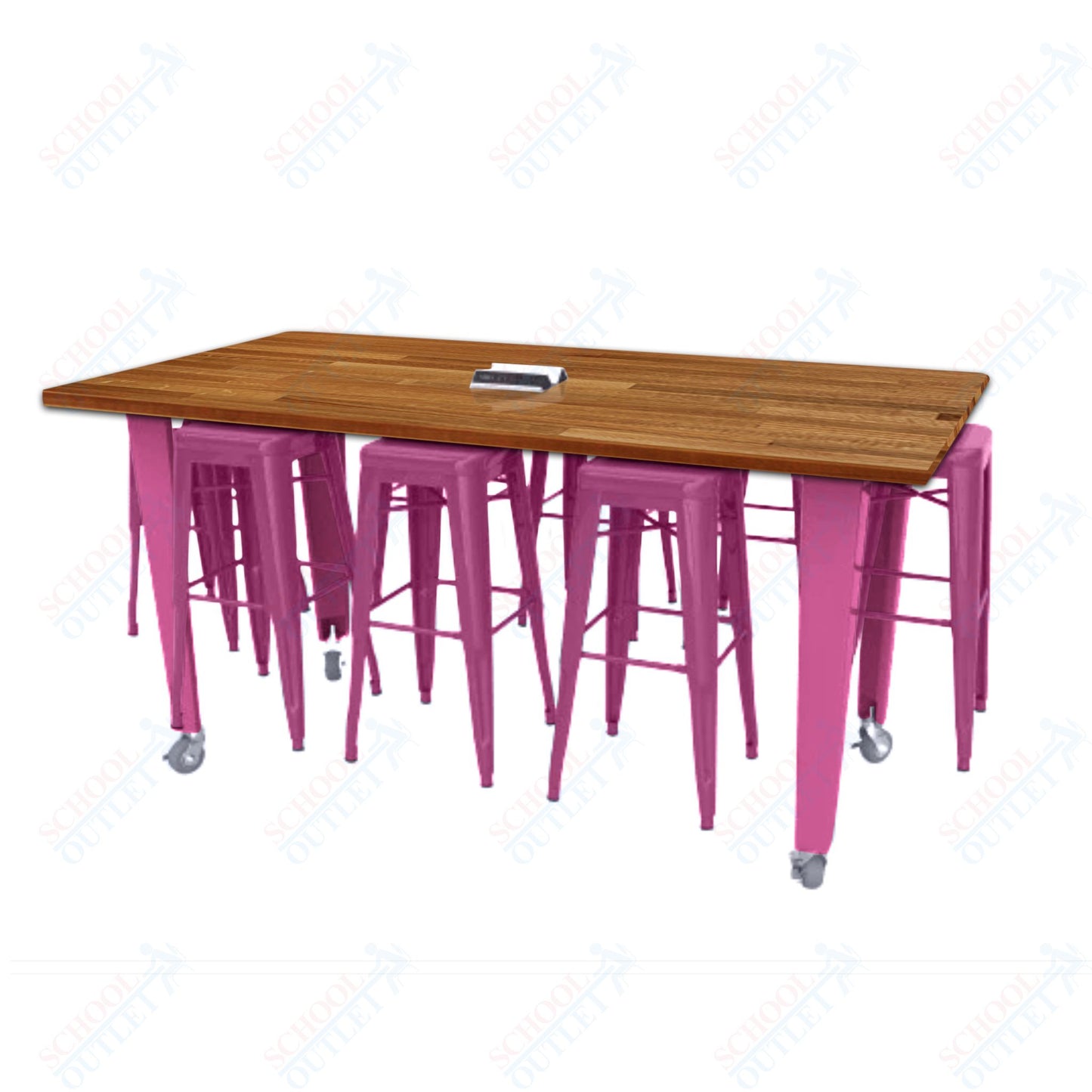 CEF IDEA Island Table 42" Height w/ 8-Seat - Butcher Block Top 84"W x 48"D with Steel Frame, 8 Stools and a Pop-up Dual Dock Electrical Station