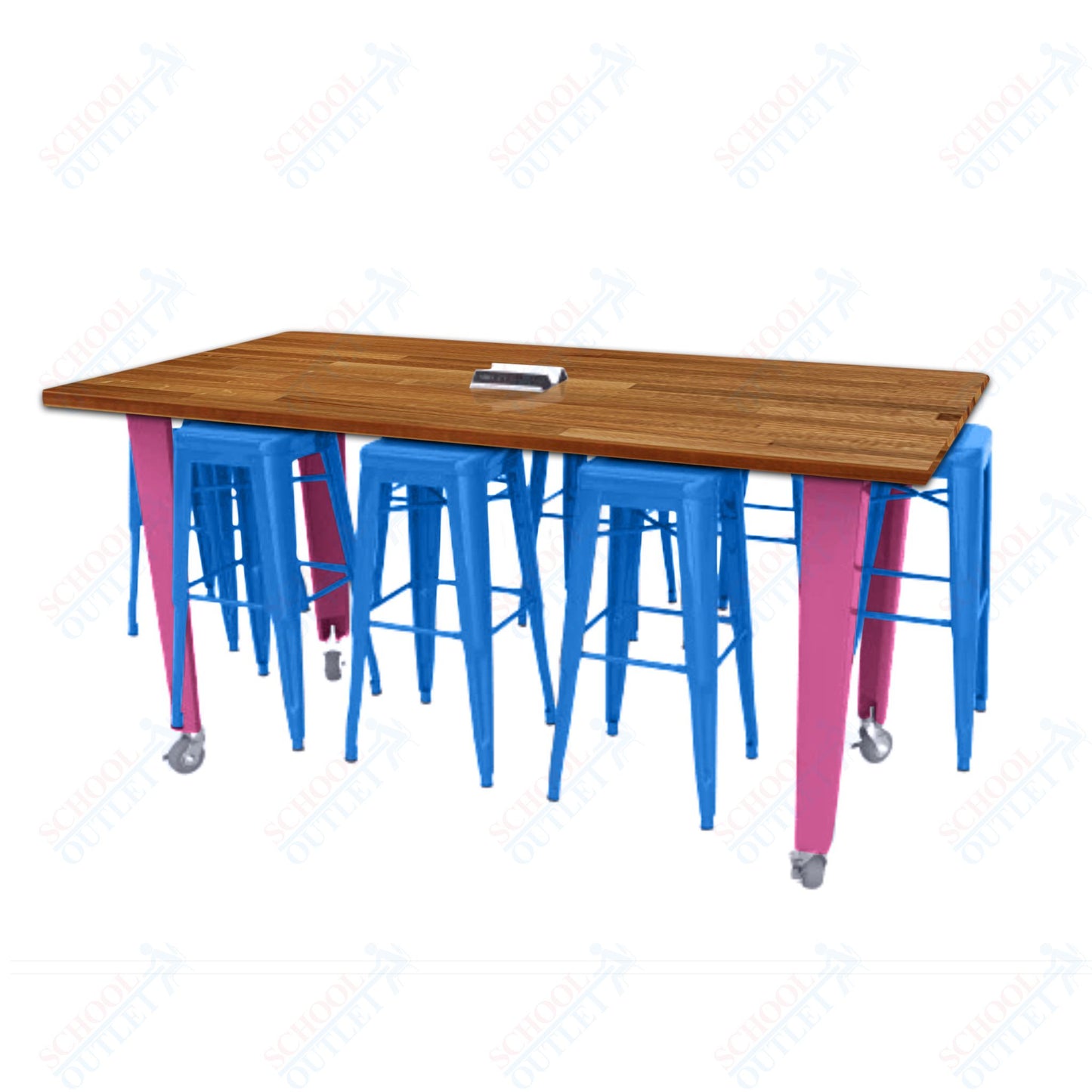 CEF IDEA Island Table 42" Height w/ 8-Seat - Butcher Block Top 84"W x 48"D with Steel Frame, 8 Stools and a Pop-up Dual Dock Electrical Station