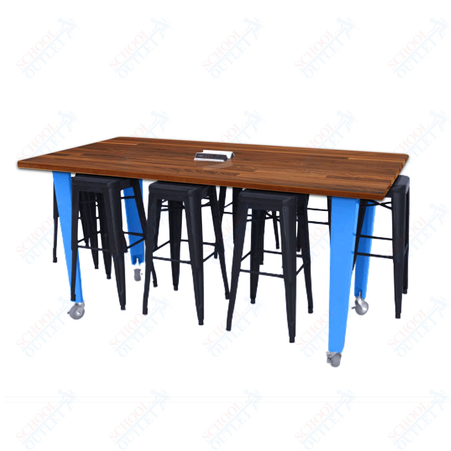 CEF IDEA Island Table 42" Height w/ 8-Seat - Butcher Block Top 84"W x 48"D with Steel Frame, 8 Stools and a Pop-up Dual Dock Electrical Station