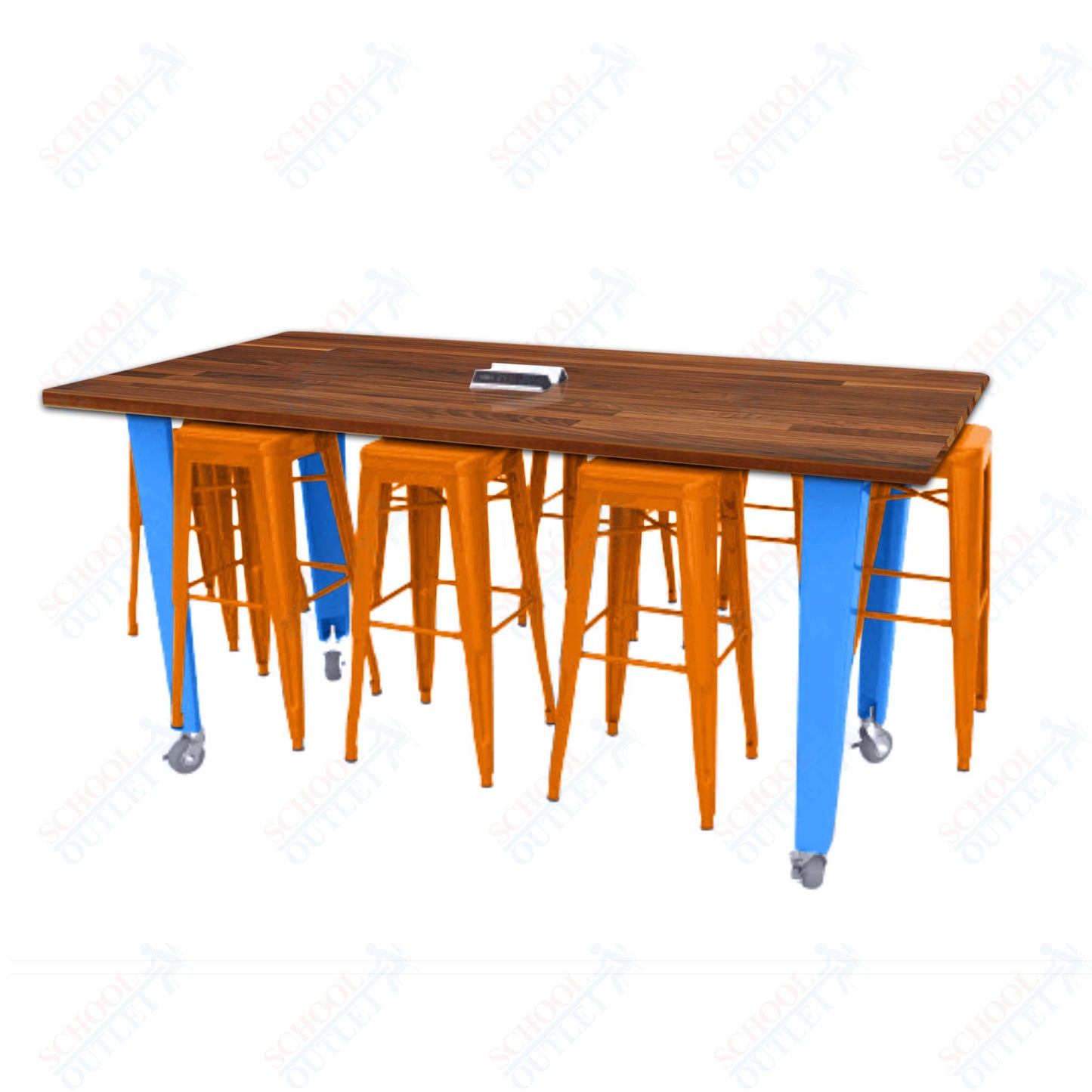 CEF IDEA Island Table 42" Height w/ 8-Seat - Butcher Block Top 84"W x 48"D with Steel Frame, 8 Stools and a Pop-up Dual Dock Electrical Station
