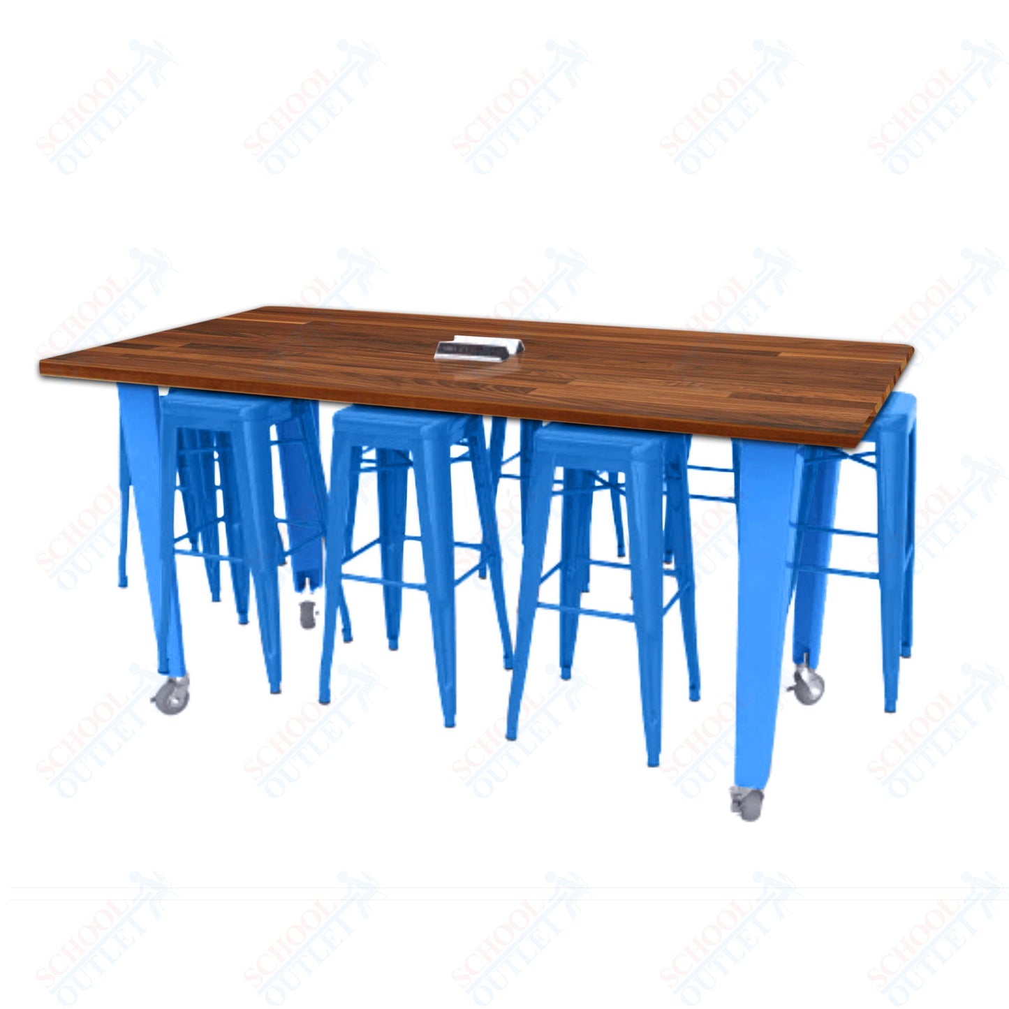 CEF IDEA Island Table 42" Height w/ 8-Seat - Butcher Block Top 84"W x 48"D with Steel Frame, 8 Stools and a Pop-up Dual Dock Electrical Station