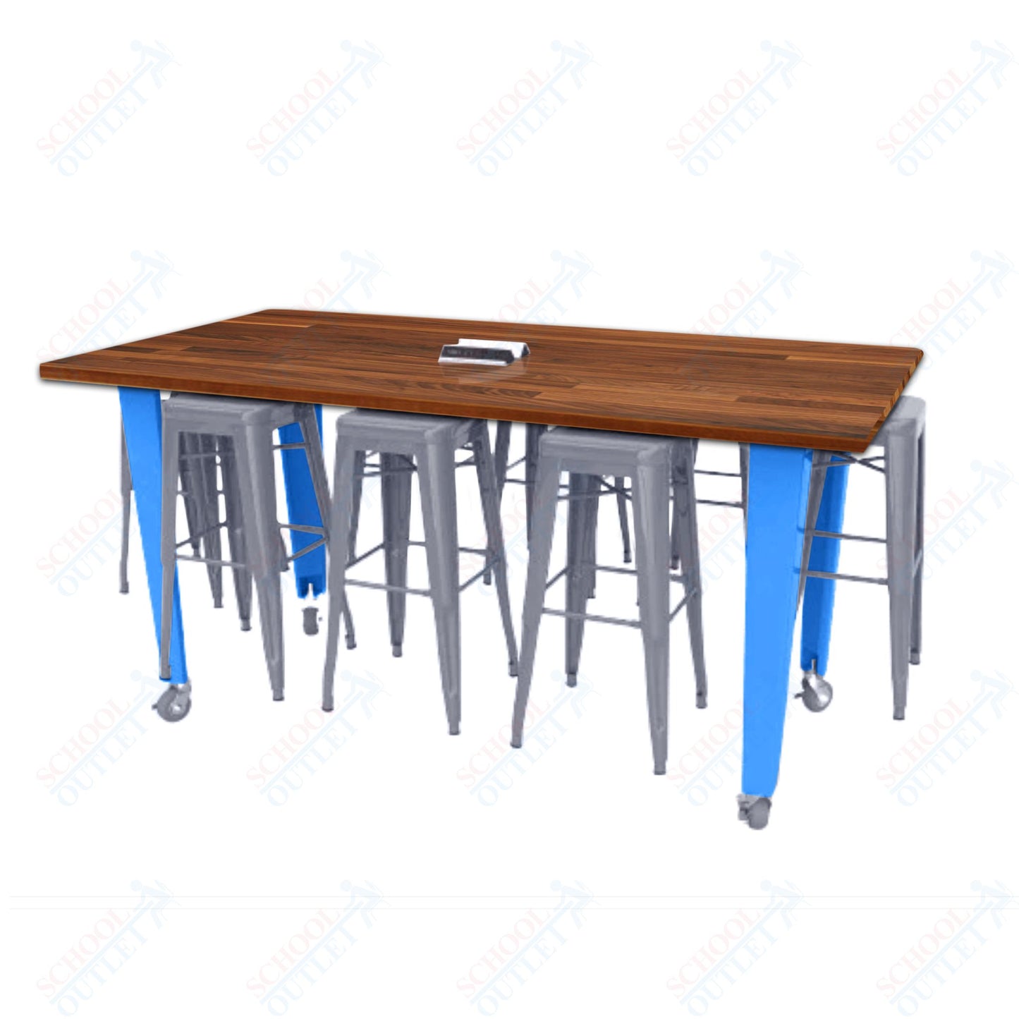 CEF IDEA Island Table 42" Height w/ 8-Seat - Butcher Block Top 84"W x 48"D with Steel Frame, 8 Stools and a Pop-up Dual Dock Electrical Station