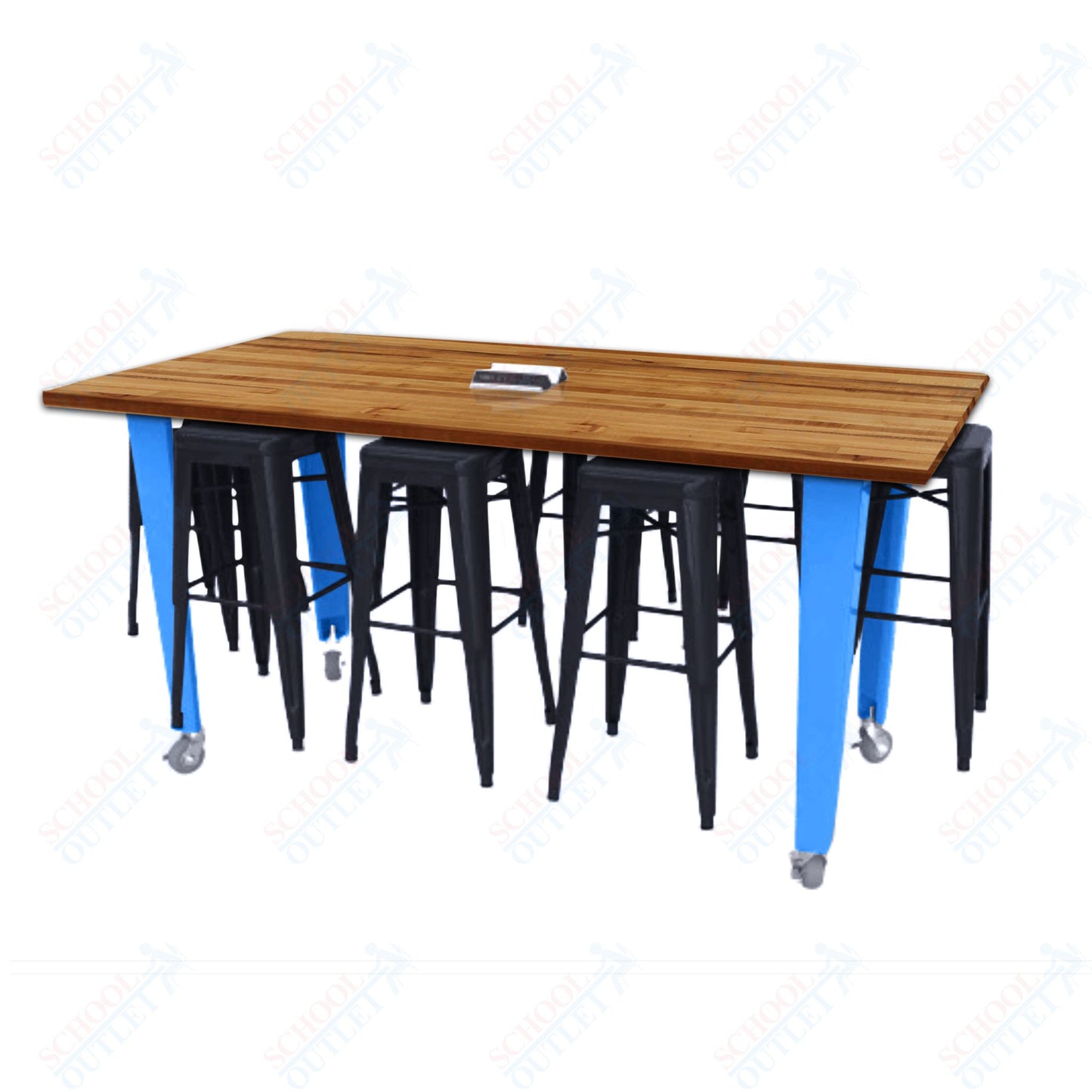 CEF IDEA Island Table 42" Height w/ 8-Seat - Butcher Block Top 84"W x 48"D with Steel Frame, 8 Stools and a Pop-up Dual Dock Electrical Station