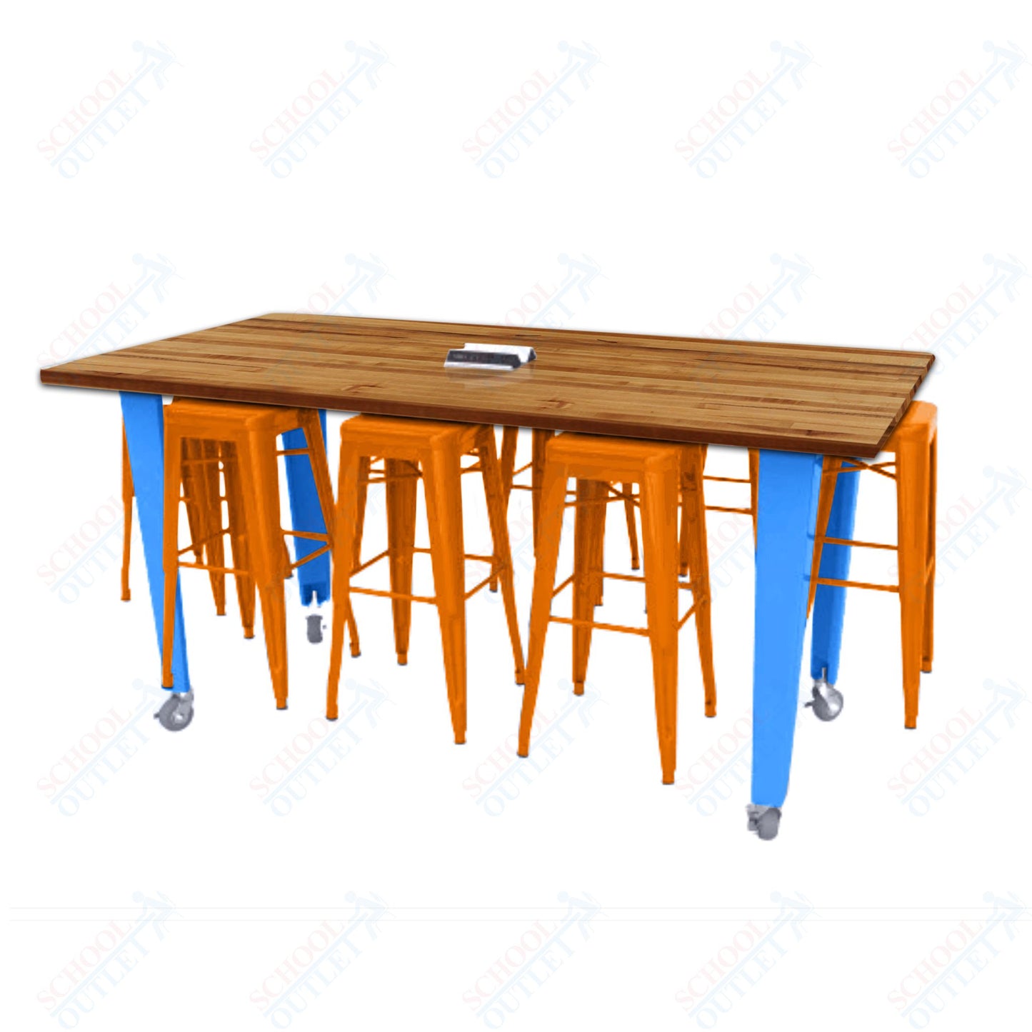 CEF IDEA Island Table 42" Height w/ 8-Seat - Butcher Block Top 84"W x 48"D with Steel Frame, 8 Stools and a Pop-up Dual Dock Electrical Station