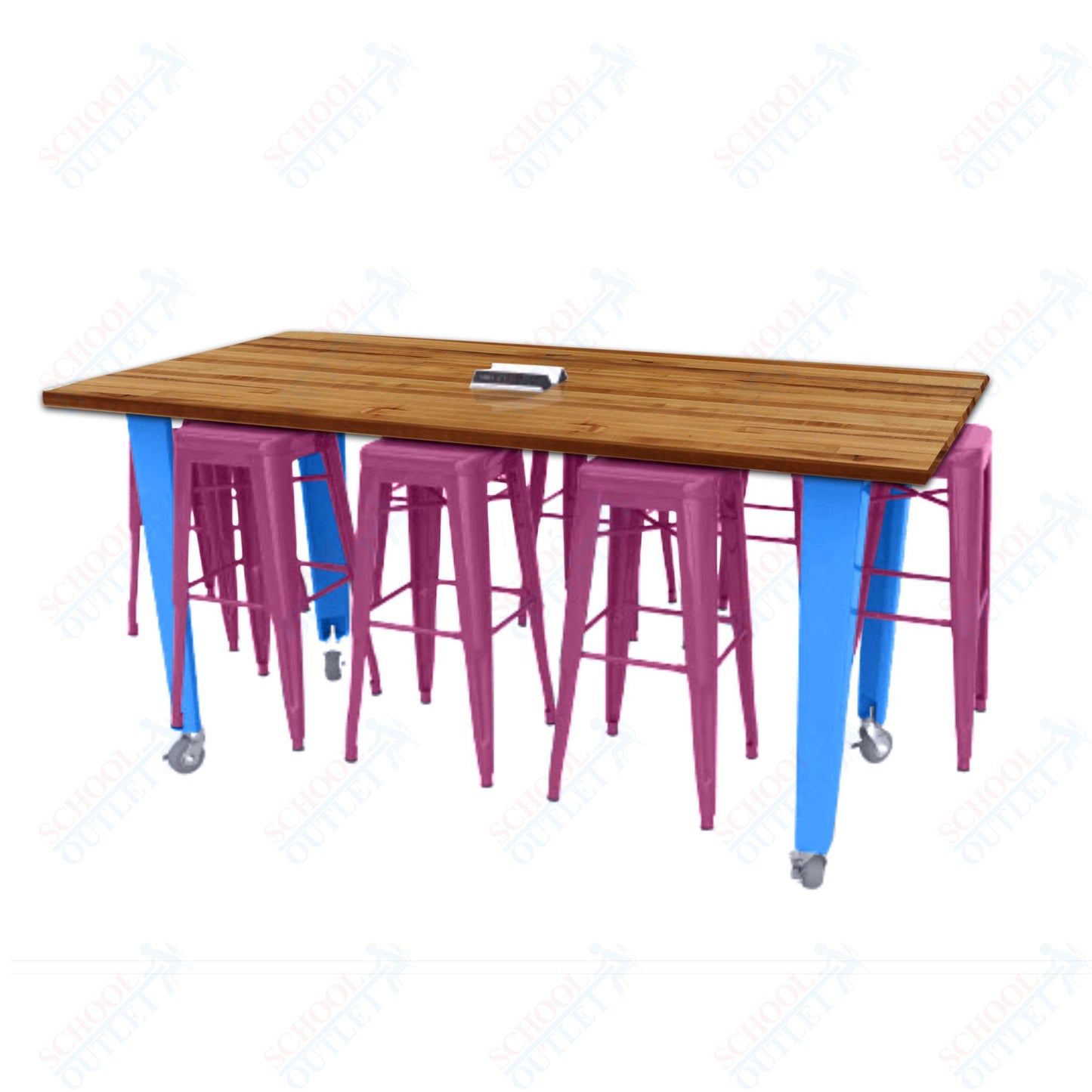 CEF IDEA Island Table 42" Height w/ 8-Seat - Butcher Block Top 84"W x 48"D with Steel Frame, 8 Stools and a Pop-up Dual Dock Electrical Station