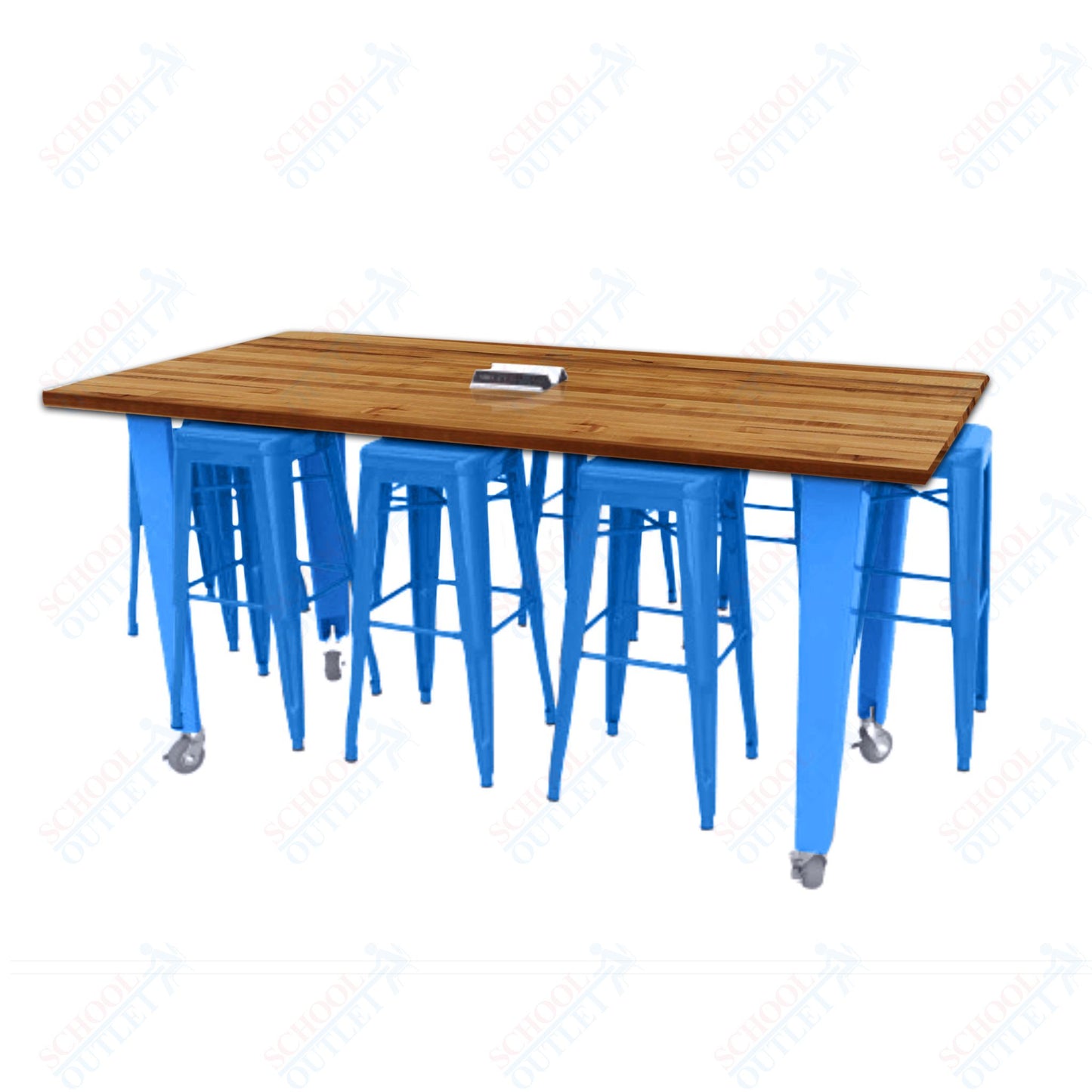 CEF IDEA Island Table 42" Height w/ 8-Seat - Butcher Block Top 84"W x 48"D with Steel Frame, 8 Stools and a Pop-up Dual Dock Electrical Station