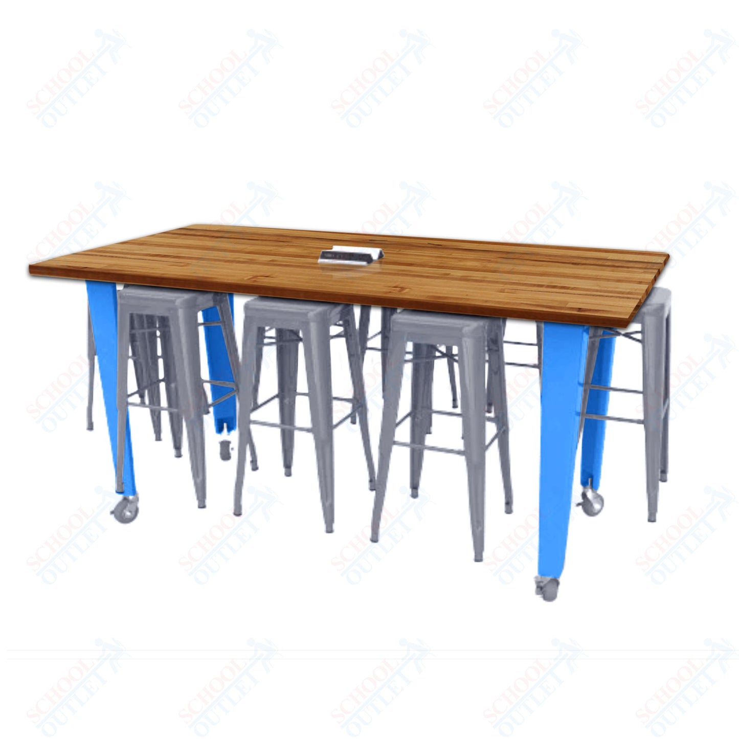 CEF IDEA Island Table 42" Height w/ 8-Seat - Butcher Block Top 84"W x 48"D with Steel Frame, 8 Stools and a Pop-up Dual Dock Electrical Station