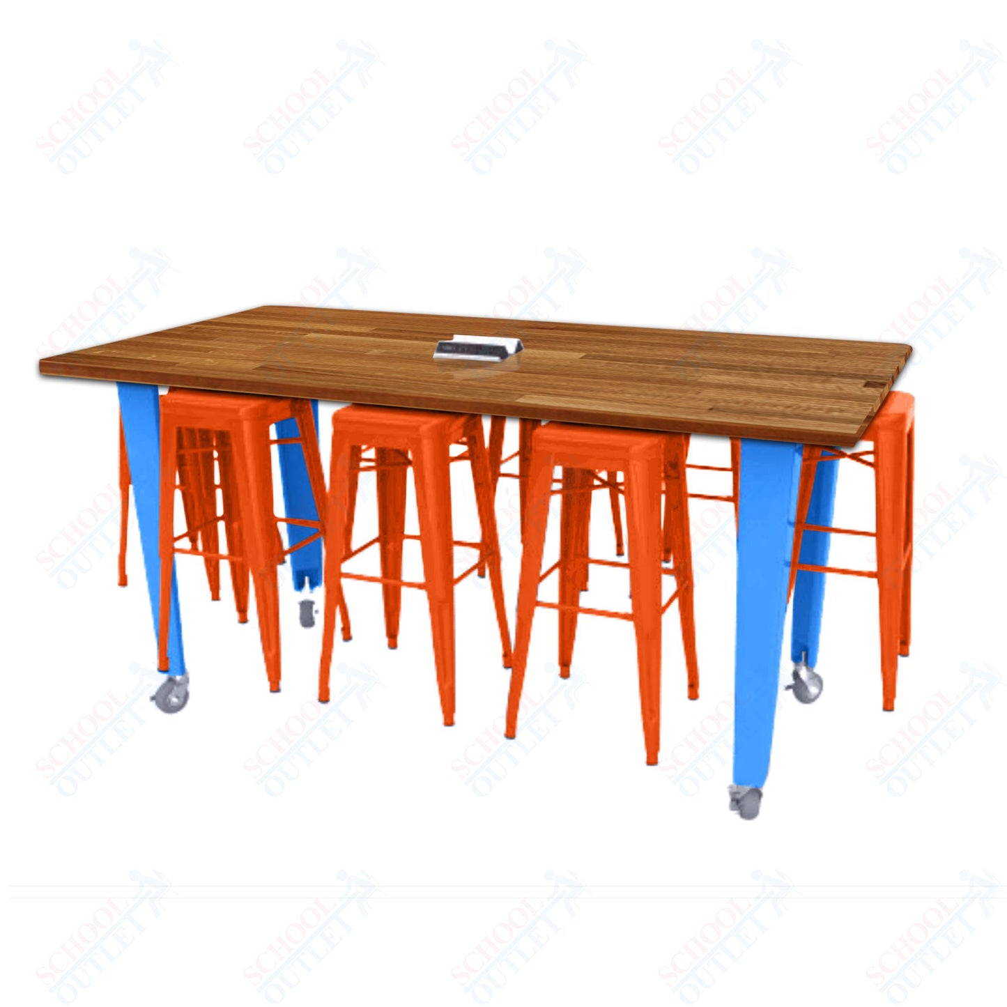 CEF IDEA Island Table 42" Height w/ 8-Seat - Butcher Block Top 84"W x 48"D with Steel Frame, 8 Stools and a Pop-up Dual Dock Electrical Station