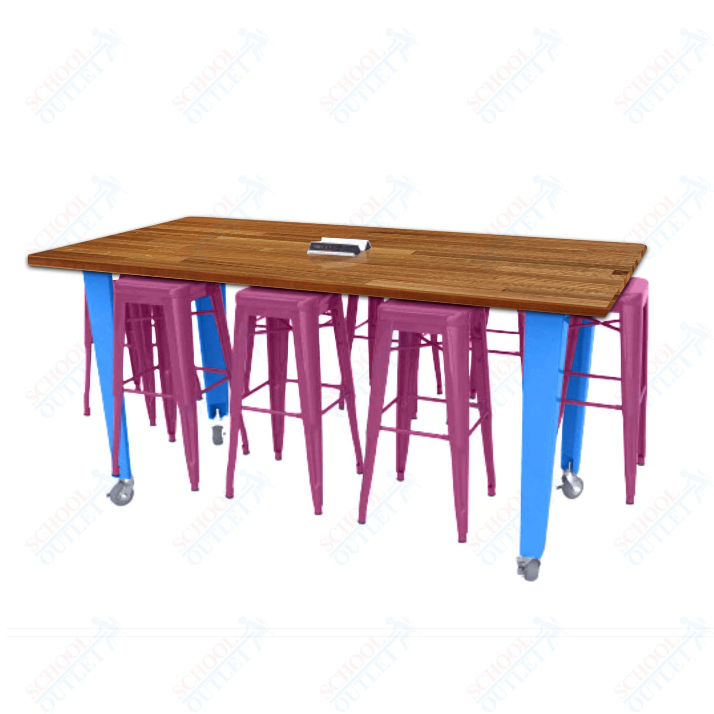 CEF IDEA Island Table 42" Height w/ 8-Seat - Butcher Block Top 84"W x 48"D with Steel Frame, 8 Stools and a Pop-up Dual Dock Electrical Station
