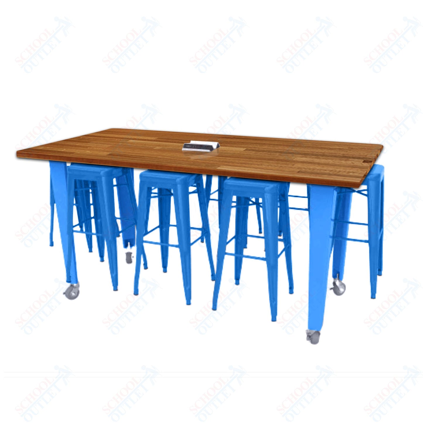 CEF IDEA Island Table 42" Height w/ 8-Seat - Butcher Block Top 84"W x 48"D with Steel Frame, 8 Stools and a Pop-up Dual Dock Electrical Station