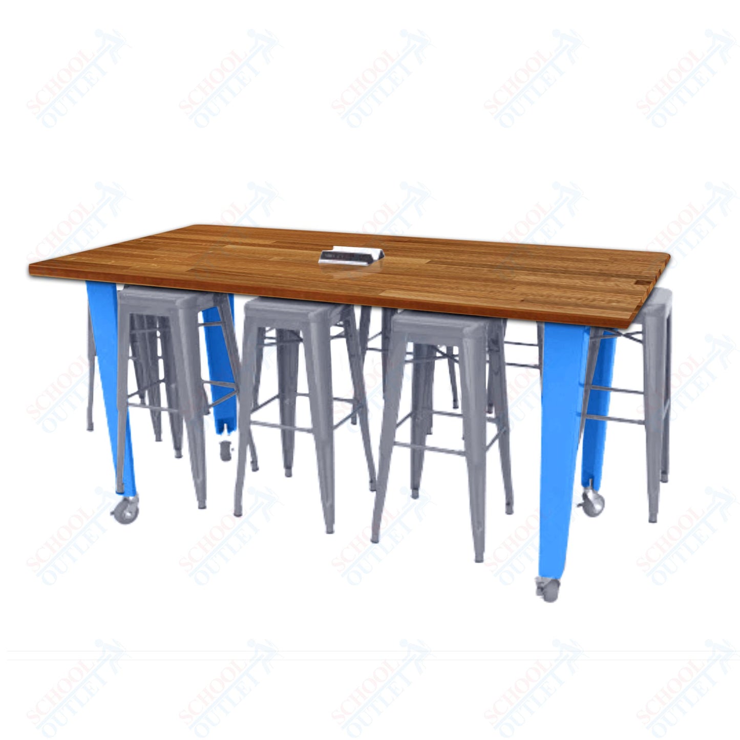 CEF IDEA Island Table 42" Height w/ 8-Seat - Butcher Block Top 84"W x 48"D with Steel Frame, 8 Stools and a Pop-up Dual Dock Electrical Station